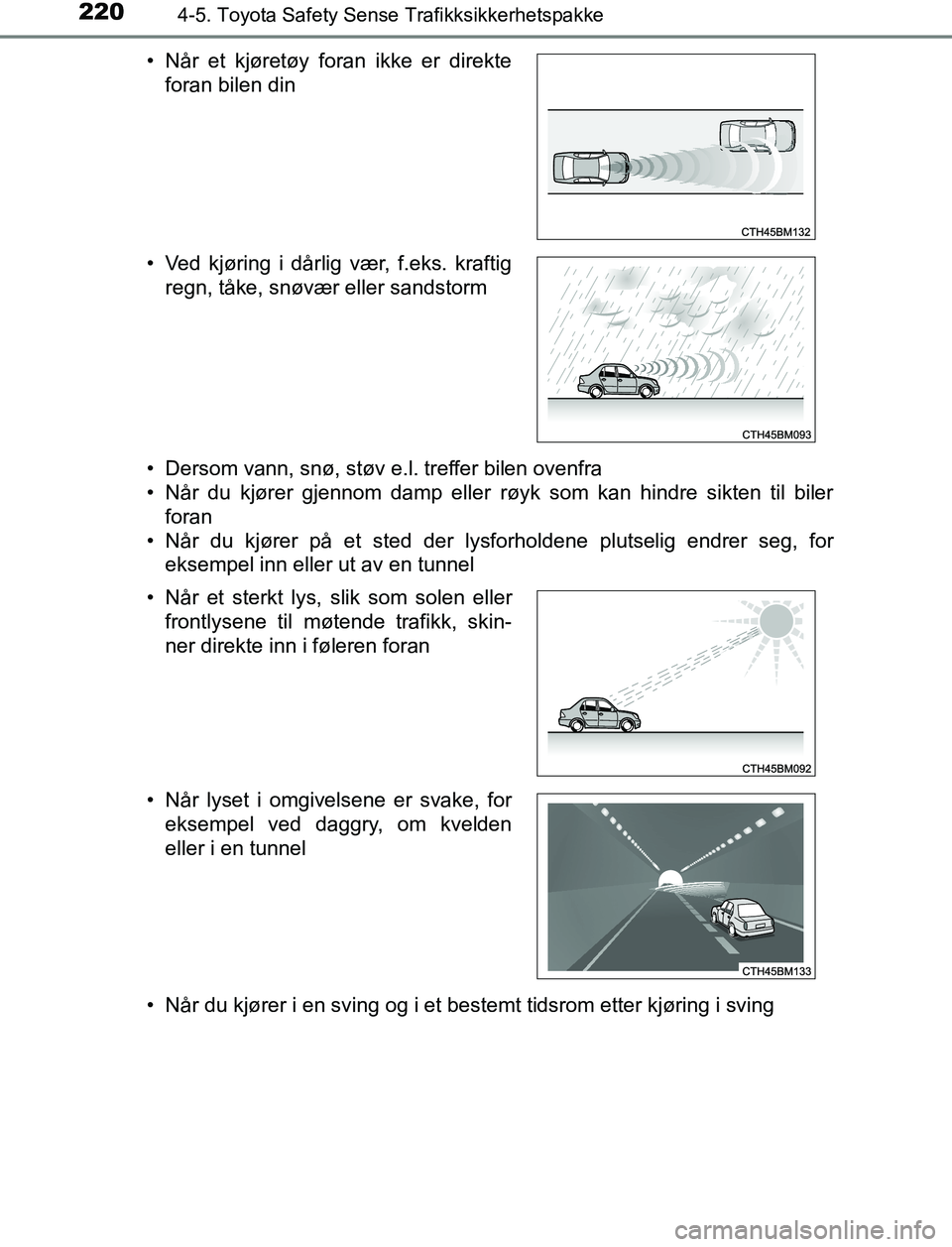 TOYOTA AURIS HYBRID 2017  Instruksjoner for bruk (in Norwegian) 2204-5. Toyota Safety Sense Trafikksikkerhetspakke
UK AURIS_HV_HB_EE (OM12L07NO)• Dersom vann, snø, støv e.l. treffer bilen ovenfra
• Når du kjører gjennom damp eller røyk som kan hindre sikt