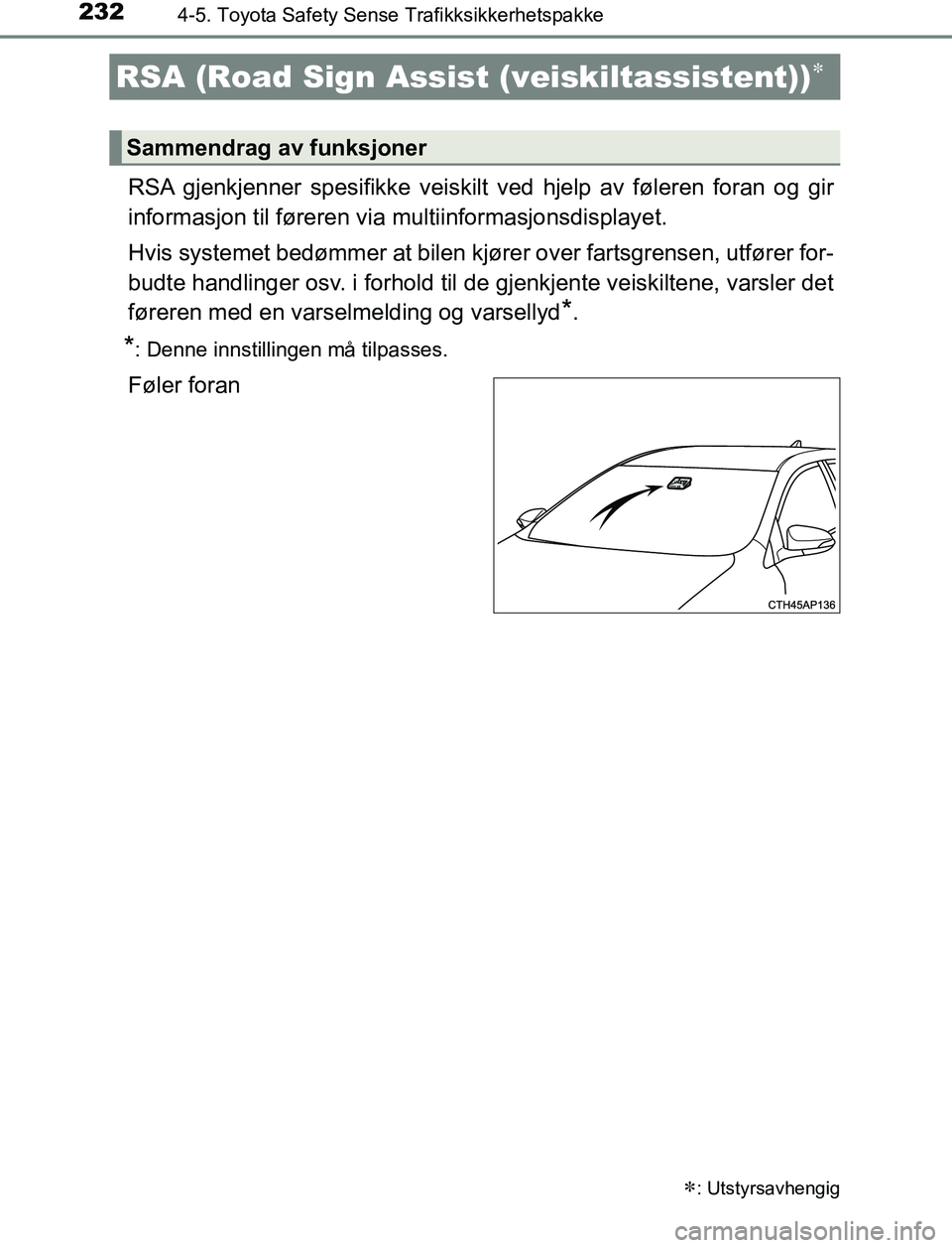 TOYOTA AURIS HYBRID 2017 Instruksjoner for bruk (in Norwegian) 2324-5. Toyota Safety Sense Trafikksikkerhetspakke
UK AURIS_HV_HB_EE (OM12L07NO)
RSA gjenkjenner spesifikke veiskilt ved hjelp av føleren foran og gir
informasjon til føreren via multiinformasjonsd TOYOTA AURIS HYBRID 2017 Instruksjoner for bruk (in Norwegian) 2324-5. Toyota Safety Sense Trafikksikkerhetspakke
UK AURIS_HV_HB_EE (OM12L07NO)
RSA gjenkjenner spesifikke veiskilt ved hjelp av føleren foran og gir
informasjon til føreren via multiinformasjonsd