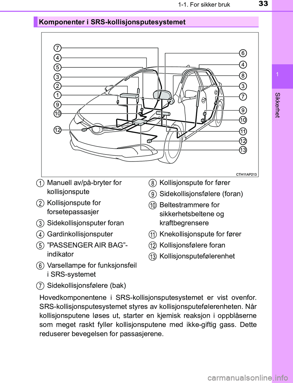 TOYOTA AURIS HYBRID 2017 Instruksjoner for bruk (in Norwegian) 331-1. For sikker bruk
1
Sikkerhet
UK AURIS_HV_HB_EE (OM12L07NO)
Hovedkomponentene i SRS-kollisjonsputesystemet er vist ovenfor.
SRS-kollisjonsputesystemet styres av kollisjonsputefølerenheten. Når
TOYOTA AURIS HYBRID 2017 Instruksjoner for bruk (in Norwegian) 331-1. For sikker bruk
1
Sikkerhet
UK AURIS_HV_HB_EE (OM12L07NO)
Hovedkomponentene i SRS-kollisjonsputesystemet er vist ovenfor.
SRS-kollisjonsputesystemet styres av kollisjonsputefølerenheten. Når