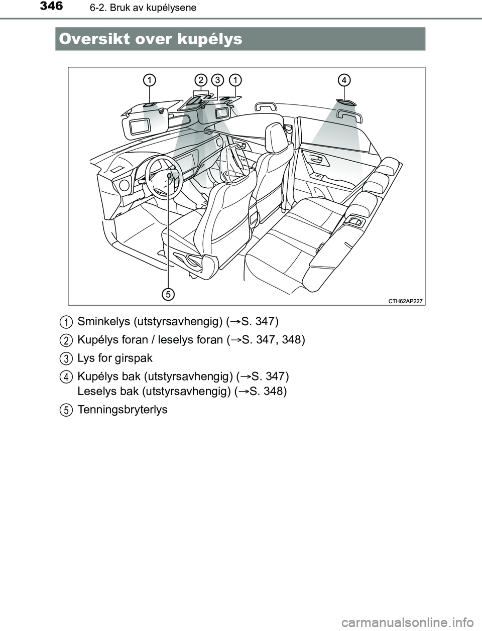 TOYOTA AURIS HYBRID 2017 Instruksjoner for bruk (in Norwegian) 346
UK AURIS_HV_HB_EE (OM12L07NO)
6-2. Bruk av kupélysene
Sminkelys (utstyrsavhengig) (S. 347)
Kupélys foran / leselys foran ( S. 347, 348)
Lys for girspak
Kupélys bak (utstyrsavhengig) ( TOYOTA AURIS HYBRID 2017 Instruksjoner for bruk (in Norwegian) 346
UK AURIS_HV_HB_EE (OM12L07NO)
6-2. Bruk av kupélysene
Sminkelys (utstyrsavhengig) (S. 347)
Kupélys foran / leselys foran ( S. 347, 348)
Lys for girspak
Kupélys bak (utstyrsavhengig) ( 