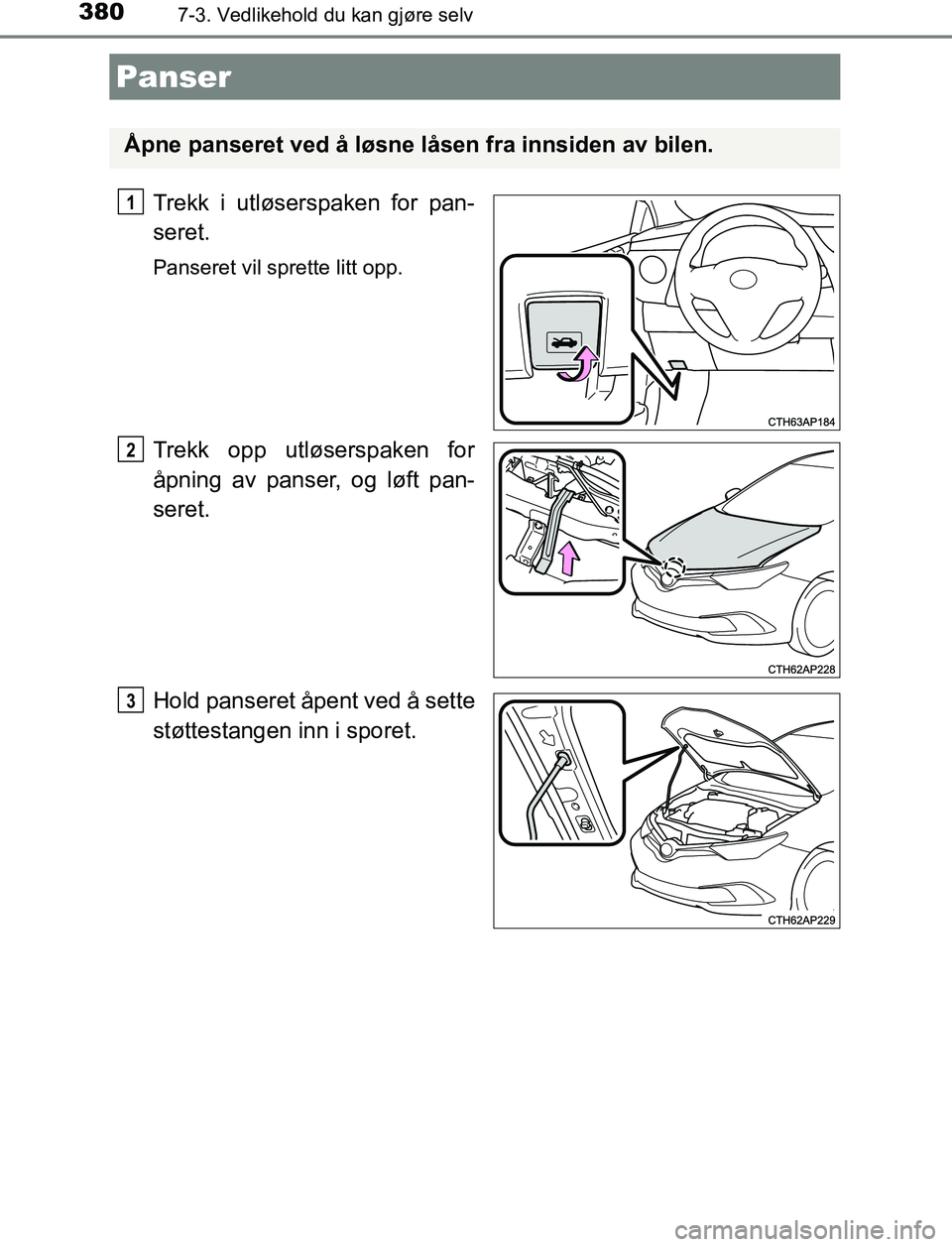 TOYOTA AURIS HYBRID 2017 Instruksjoner for bruk (in Norwegian) 3807-3. Vedlikehold du kan gjøre selv
UK AURIS_HV_HB_EE (OM12L07NO)
Trekk i utløserspaken for pan-
seret.
Panseret vil sprette litt opp.
Trekk opp utløserspaken for
åpning av panser, og løft pan- TOYOTA AURIS HYBRID 2017 Instruksjoner for bruk (in Norwegian) 3807-3. Vedlikehold du kan gjøre selv
UK AURIS_HV_HB_EE (OM12L07NO)
Trekk i utløserspaken for pan-
seret.
Panseret vil sprette litt opp.
Trekk opp utløserspaken for
åpning av panser, og løft pan-