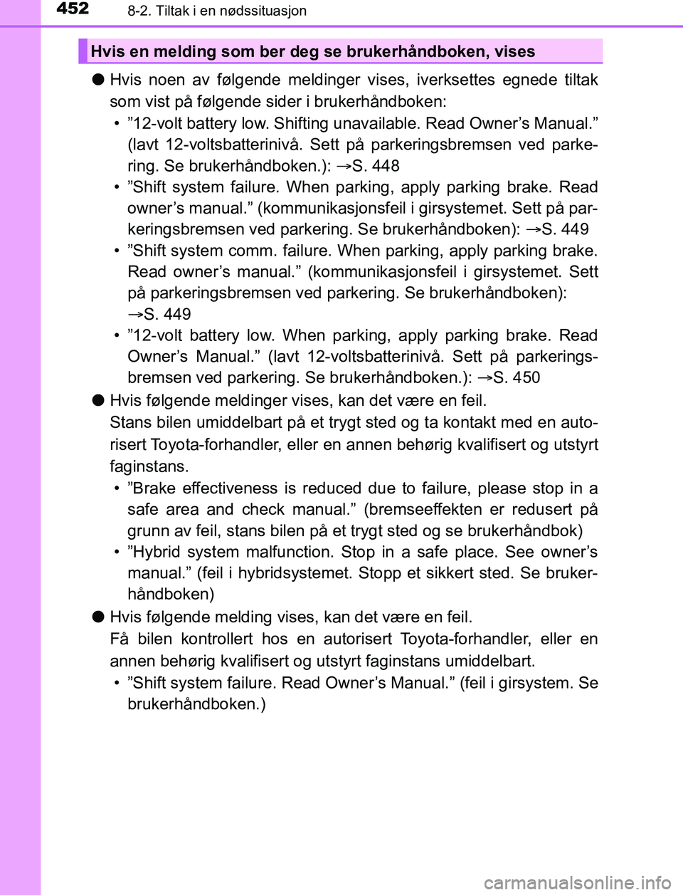 TOYOTA AURIS HYBRID 2017 Instruksjoner for bruk (in Norwegian) 4528-2. Tiltak i en nødssituasjon
UK AURIS_HV_HB_EE (OM12L07NO)
lHvis noen av følgende meldinger vises, iverksettes egnede tiltak
som vist på følgende sider i brukerhåndboken: • ”12-volt bat TOYOTA AURIS HYBRID 2017 Instruksjoner for bruk (in Norwegian) 4528-2. Tiltak i en nødssituasjon
UK AURIS_HV_HB_EE (OM12L07NO)
lHvis noen av følgende meldinger vises, iverksettes egnede tiltak
som vist på følgende sider i brukerhåndboken: • ”12-volt bat