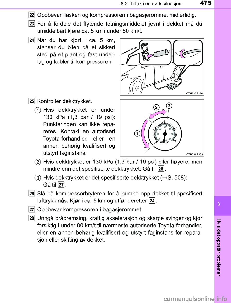 TOYOTA AURIS HYBRID 2017 Instruksjoner for bruk (in Norwegian) 4758-2. Tiltak i en nødssituasjon
UK AURIS_HV_HB_EE (OM12L07NO)
8
Hvis det oppstår problemer
Oppbevar flasken og kompressoren i bagasjerommet midlertidig.
For å fordele det flytende tetningsmiddele TOYOTA AURIS HYBRID 2017 Instruksjoner for bruk (in Norwegian) 4758-2. Tiltak i en nødssituasjon
UK AURIS_HV_HB_EE (OM12L07NO)
8
Hvis det oppstår problemer
Oppbevar flasken og kompressoren i bagasjerommet midlertidig.
For å fordele det flytende tetningsmiddele