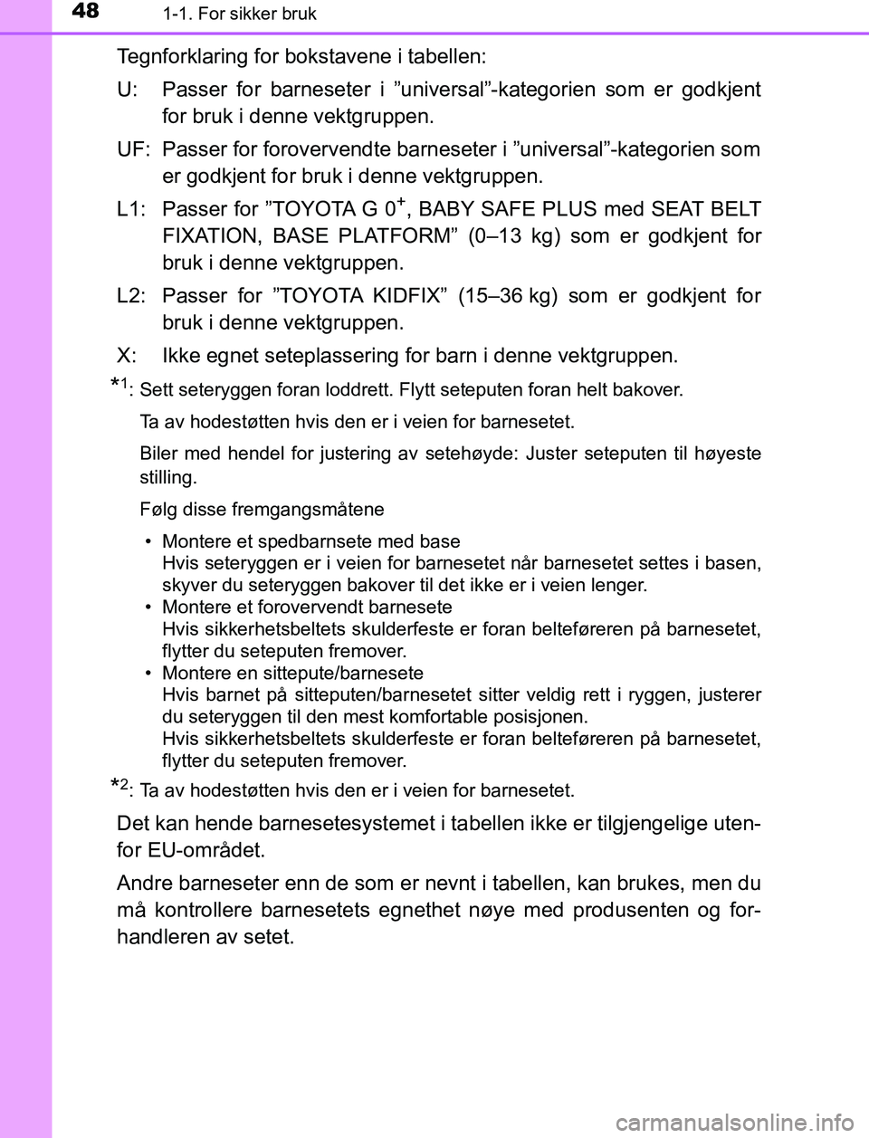 TOYOTA AURIS HYBRID 2017 Instruksjoner for bruk (in Norwegian) 481-1. For sikker bruk
UK AURIS_HV_HB_EE (OM12L07NO)
Tegnforklaring for bokstavene i tabellen:
U: Passer for barneseter i ”universal”-kategorien som er godkjentfor bruk i denne vektgruppen.
UF: Pa TOYOTA AURIS HYBRID 2017 Instruksjoner for bruk (in Norwegian) 481-1. For sikker bruk
UK AURIS_HV_HB_EE (OM12L07NO)
Tegnforklaring for bokstavene i tabellen:
U: Passer for barneseter i ”universal”-kategorien som er godkjentfor bruk i denne vektgruppen.
UF: Pa