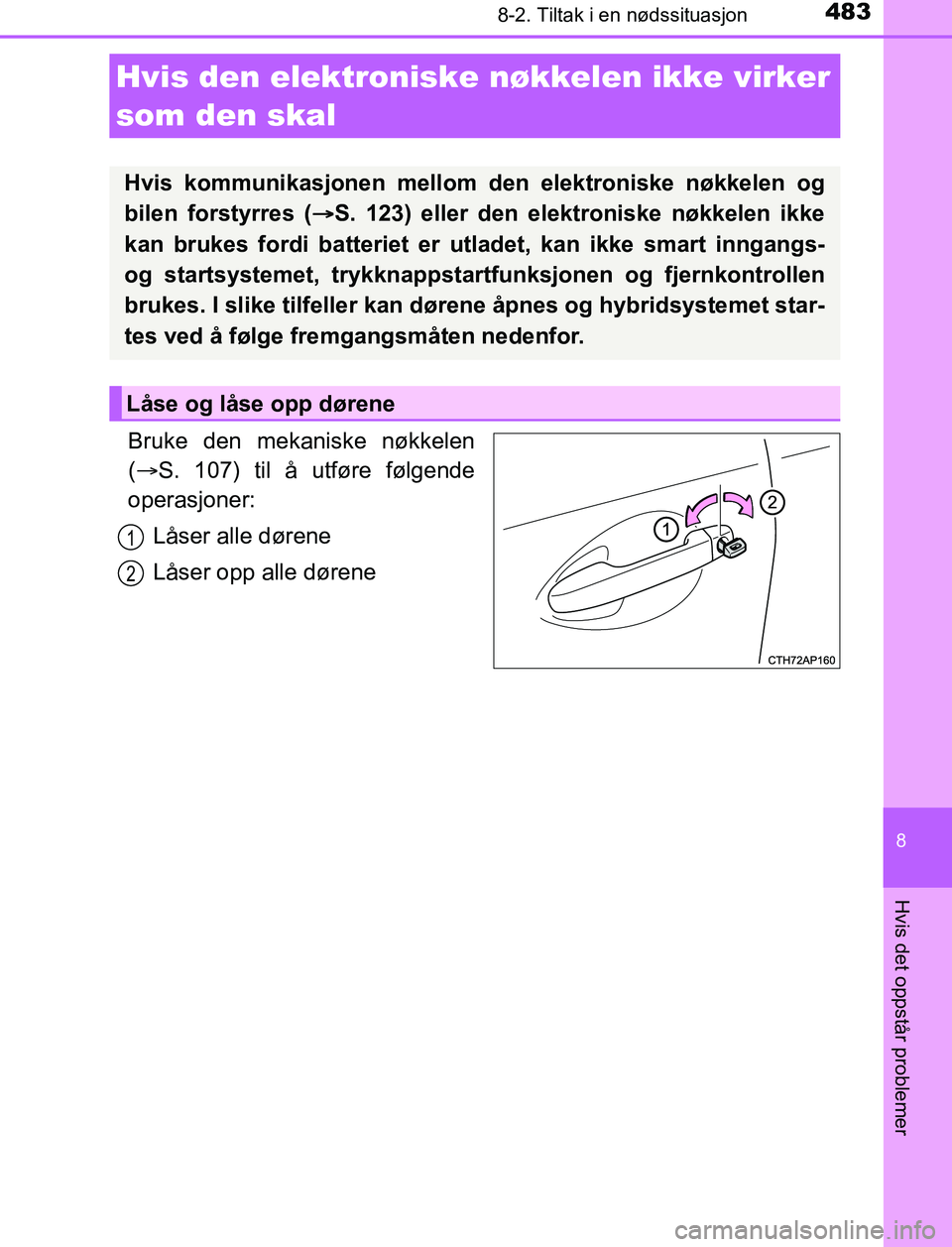 TOYOTA AURIS HYBRID 2017 Instruksjoner for bruk (in Norwegian) 4838-2. Tiltak i en nødssituasjon
UK AURIS_HV_HB_EE (OM12L07NO)
8
Hvis det oppstår problemer
Bruke den mekaniske nøkkelen
( S. 107) til å utføre følgende
operasjoner:
Låser alle dørene
Lås TOYOTA AURIS HYBRID 2017 Instruksjoner for bruk (in Norwegian) 4838-2. Tiltak i en nødssituasjon
UK AURIS_HV_HB_EE (OM12L07NO)
8
Hvis det oppstår problemer
Bruke den mekaniske nøkkelen
( S. 107) til å utføre følgende
operasjoner:
Låser alle dørene
Lås