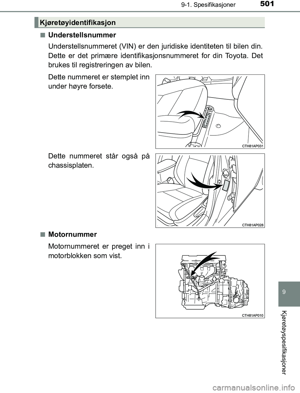 TOYOTA AURIS HYBRID 2017 Instruksjoner for bruk (in Norwegian) 5019-1. Spesifikasjoner
UK AURIS_HV_HB_EE (OM12L07NO)
9
Kjøretøyspesifikasjoner
nUnderstellsnummer
Understellsnummeret (VIN) er den juridiske identiteten til bilen din.
Dette er det primære identif TOYOTA AURIS HYBRID 2017 Instruksjoner for bruk (in Norwegian) 5019-1. Spesifikasjoner
UK AURIS_HV_HB_EE (OM12L07NO)
9
Kjøretøyspesifikasjoner
nUnderstellsnummer
Understellsnummeret (VIN) er den juridiske identiteten til bilen din.
Dette er det primære identif
