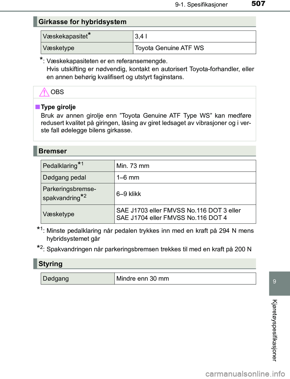TOYOTA AURIS HYBRID 2017 Instruksjoner for bruk (in Norwegian) 5079-1. Spesifikasjoner
UK AURIS_HV_HB_EE (OM12L07NO)
9
Kjøretøyspesifikasjoner
*: Væskekapasiteten er en referansemengde.Hvis utskifting er nødvendig, kontakt en autorisert Toyota-forhandler, el TOYOTA AURIS HYBRID 2017 Instruksjoner for bruk (in Norwegian) 5079-1. Spesifikasjoner
UK AURIS_HV_HB_EE (OM12L07NO)
9
Kjøretøyspesifikasjoner
*: Væskekapasiteten er en referansemengde.Hvis utskifting er nødvendig, kontakt en autorisert Toyota-forhandler, el