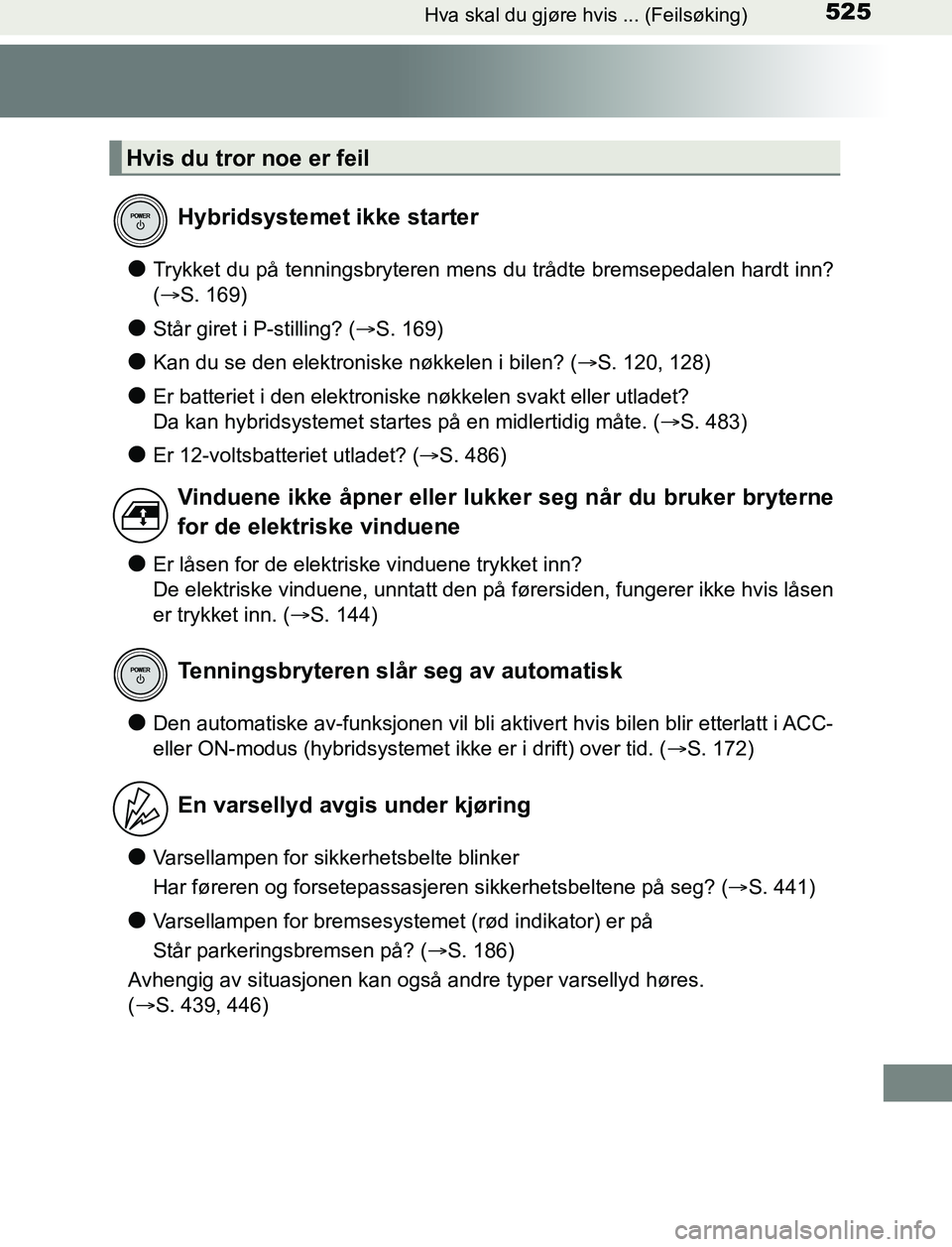 TOYOTA AURIS HYBRID 2017 Instruksjoner for bruk (in Norwegian) 525Hva skal du gjøre hvis ... (Feilsøking)
UK AURIS_HV_HB_EE (OM12L07NO)
lTrykket du på tenningsbryteren mens du trådte bremsepedalen hardt inn?
(S. 169)
lStår giret i P-stilling? ( S. 169) TOYOTA AURIS HYBRID 2017 Instruksjoner for bruk (in Norwegian) 525Hva skal du gjøre hvis ... (Feilsøking)
UK AURIS_HV_HB_EE (OM12L07NO)
lTrykket du på tenningsbryteren mens du trådte bremsepedalen hardt inn?
(S. 169)
lStår giret i P-stilling? ( S. 169)