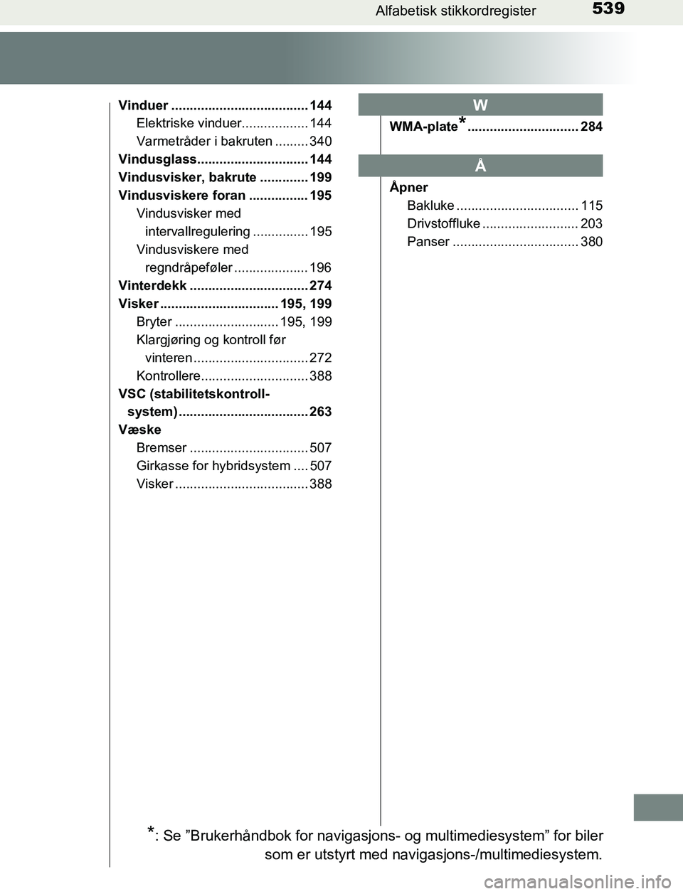 TOYOTA AURIS HYBRID 2017 Instruksjoner for bruk (in Norwegian) 539Alfabetisk stikkordregister
UK AURIS_HV_HB_EE (OM12L07NO)
Vinduer ..................................... 144Elektriske vinduer.................. 144
Varmetråder i bakruten ......... 340
Vindusglass TOYOTA AURIS HYBRID 2017 Instruksjoner for bruk (in Norwegian) 539Alfabetisk stikkordregister
UK AURIS_HV_HB_EE (OM12L07NO)
Vinduer ..................................... 144Elektriske vinduer.................. 144
Varmetråder i bakruten ......... 340
Vindusglass