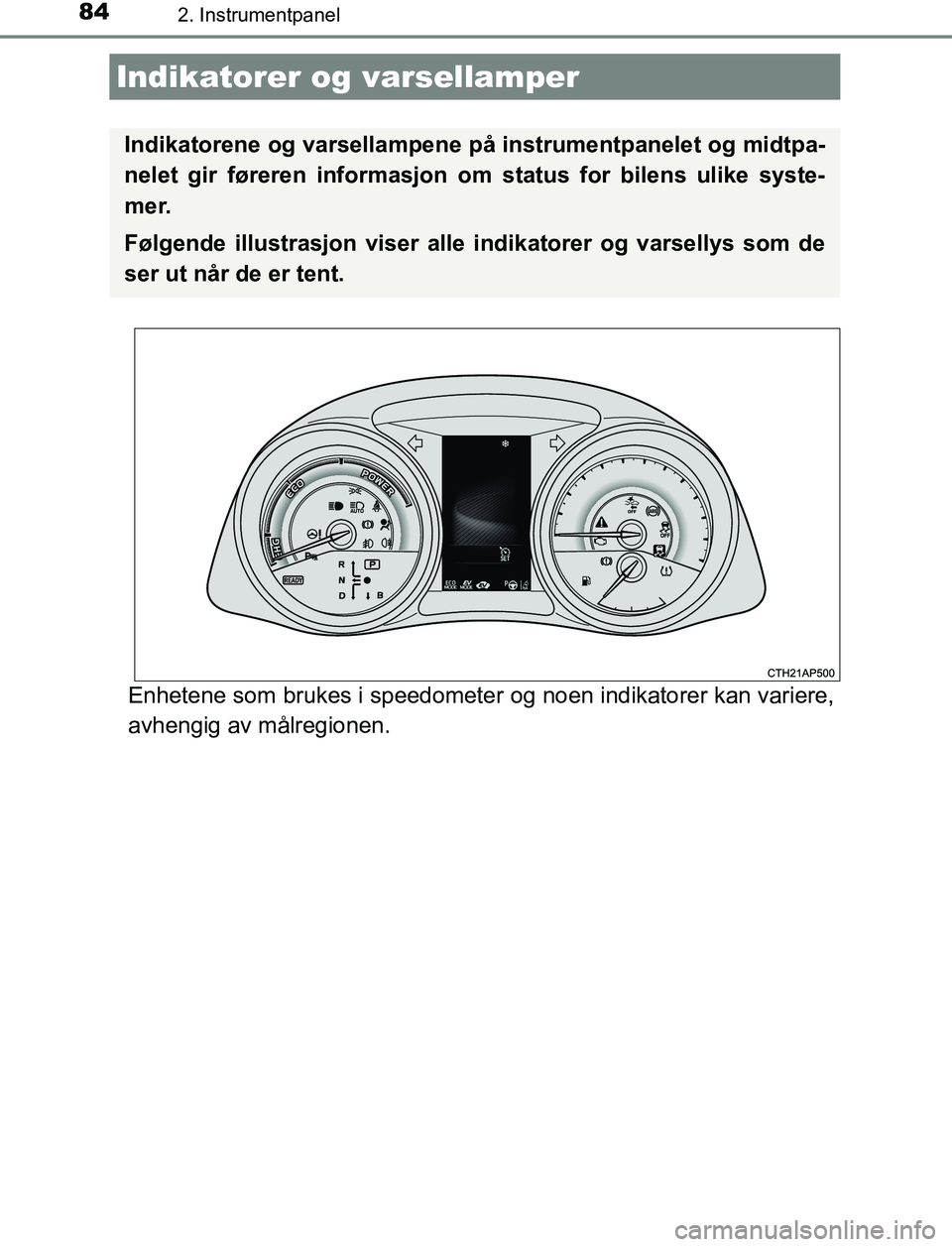TOYOTA AURIS HYBRID 2017 Instruksjoner for bruk (in Norwegian) 84
UK AURIS_HV_HB_EE (OM12L07NO)
2. Instrumentpanel
Enhetene som brukes i speedometer og noen indikatorer kan variere,
avhengig av målregionen.
Indikatorer og varsellamper
Indikatorene og varsellampe TOYOTA AURIS HYBRID 2017 Instruksjoner for bruk (in Norwegian) 84
UK AURIS_HV_HB_EE (OM12L07NO)
2. Instrumentpanel
Enhetene som brukes i speedometer og noen indikatorer kan variere,
avhengig av målregionen.
Indikatorer og varsellamper
Indikatorene og varsellampe