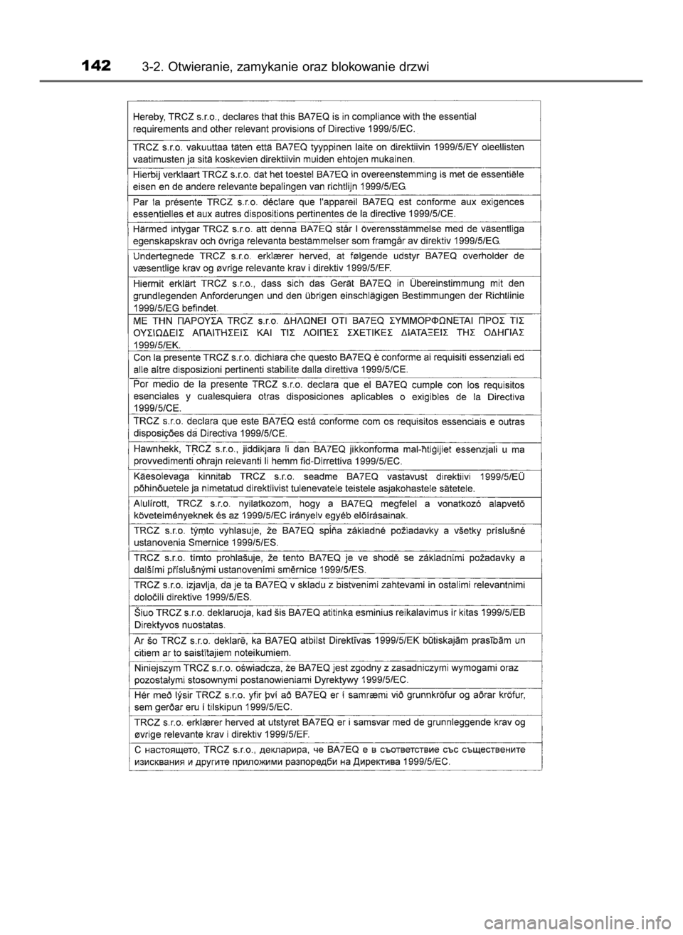 TOYOTA AURIS HYBRID 2017  Instrukcja obsługi (in Polish) 1423-2. Otwieranie, zamykanie oraz blokowanie drzwi
8 Auris HV OM12L07E  3/13/17  12:22 PM  Page 142    (Black plate) 