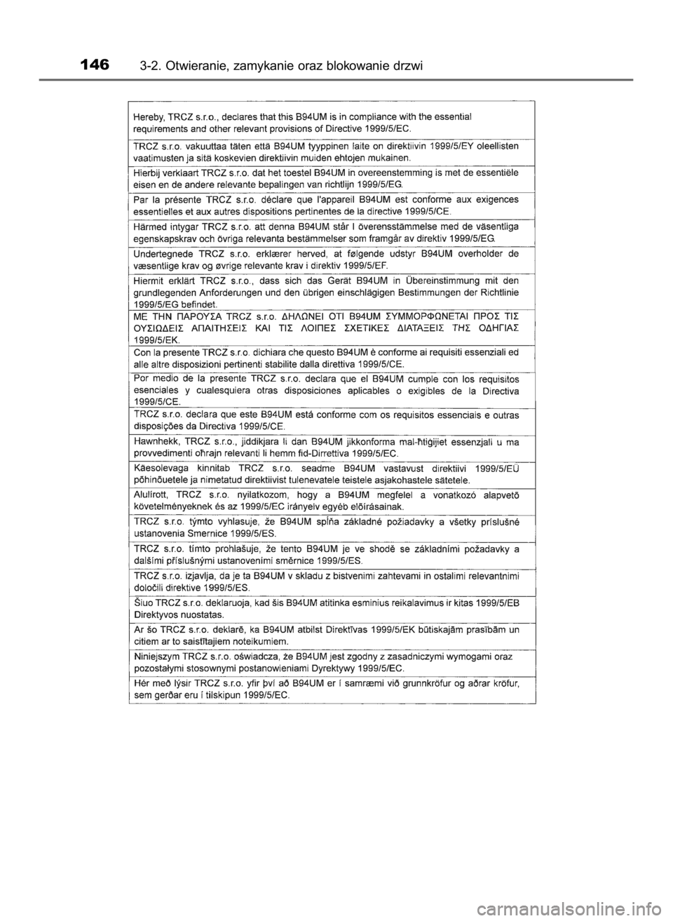 TOYOTA AURIS HYBRID 2017  Instrukcja obsługi (in Polish) 1463-2. Otwieranie, zamykanie oraz blokowanie drzwi
8 Auris HV OM12L07E  3/13/17  12:22 PM  Page 146    (Black plate) 