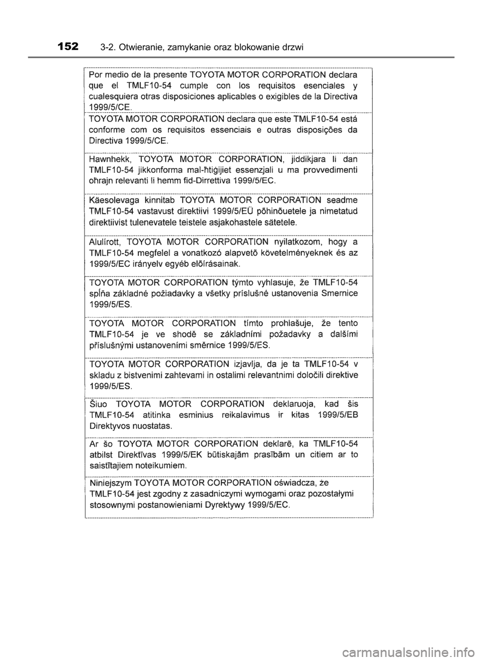 TOYOTA AURIS HYBRID 2017  Instrukcja obsługi (in Polish) 1523-2. Otwieranie, zamykanie oraz blokowanie drzwi
8 Auris HV OM12L07E  3/13/17  12:22 PM  Page 152    (Black plate) 