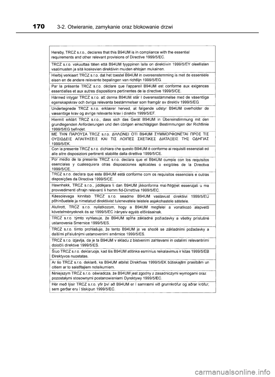 TOYOTA AURIS HYBRID 2017  Instrukcja obsługi (in Polish) 1703-2. Otwieranie, zamykanie oraz blokowanie drzwi
8 Auris HV OM12L07E  3/13/17  12:22 PM  Page 170    (Black plate) 