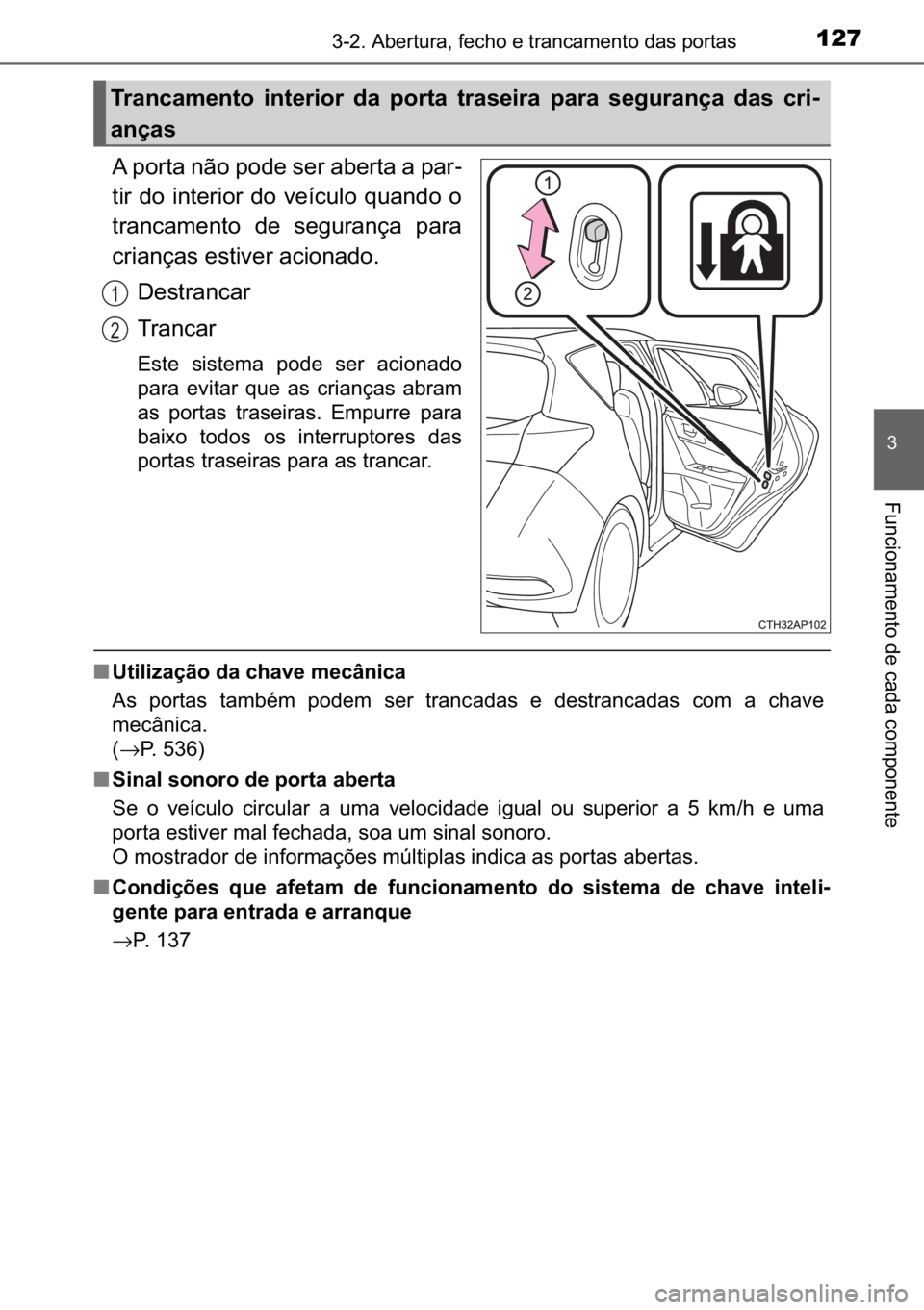 TOYOTA AURIS HYBRID 2017  Manual de utilização (in Portuguese) 127������$�E�H�U�W�X�U�D���I�H�F�K�R��H��W�U�D�Q�F�D�P�H�Q�W�R��G�D�V��S�R�U�W�D�V
�
�)�X�Q�F�L�R�Q�D�P�H�Q�W�R��G�H��F�D�G�D��F�R�P�S�R�Q�H�Q�W�H
�$��S�R�U�W�D��Q�m�R��S�R�G�H��V�H