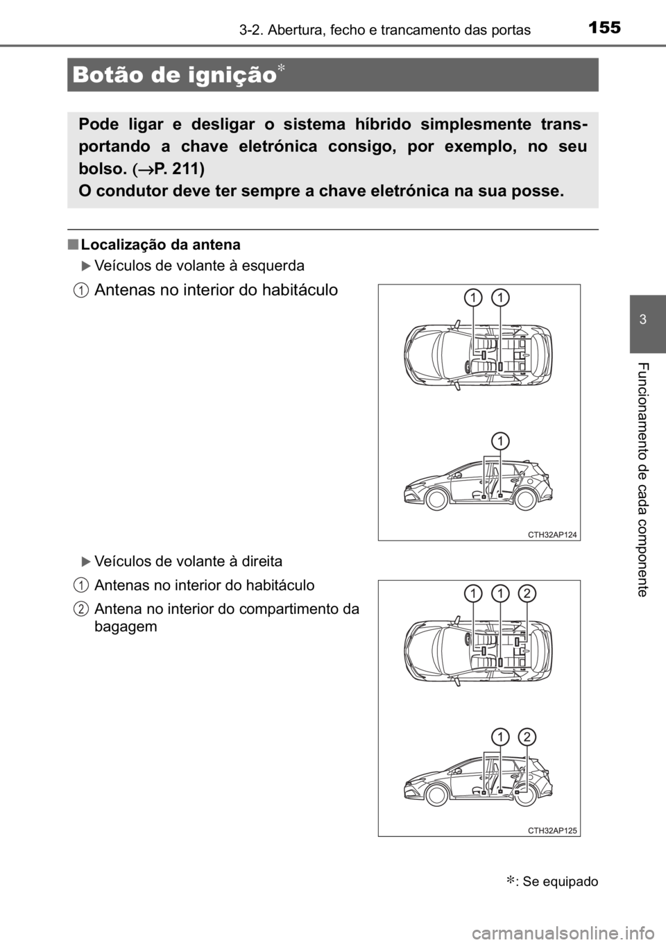 TOYOTA AURIS HYBRID 2017  Manual de utilização (in Portuguese) 155������$�E�H�U�W�X�U�D���I�H�F�K�R��H��W�U�D�Q�F�D�P�H�Q�W�R��G�D�V��S�R�U�W�D�V
�
�)�X�Q�F�L�R�Q�D�P�H�Q�W�R��G�H��F�D�G�D��F�R�P�S�R�Q�H�Q�W�H
■�/�R�F�D�O�L�]�D�o�m�R��G�D��D�Q�