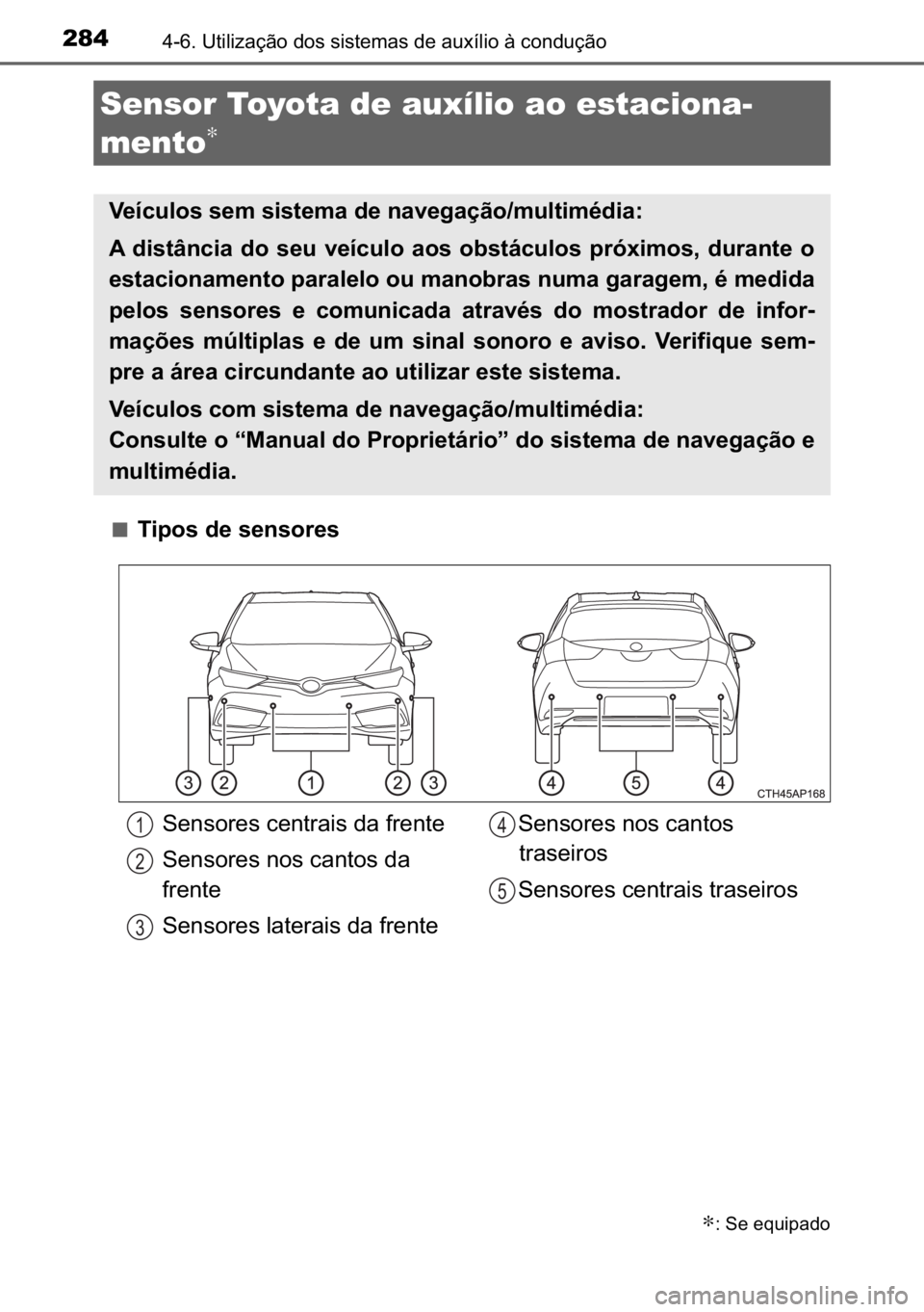 TOYOTA AURIS HYBRID 2017  Manual de utilização (in Portuguese) 284������8�W�L�O�L�]�D�o�m�R��G�R�V��V�L�V�W�H�P�D�V��G�H��D�X�[�t�O�L�R��j��F�R�Q�G�X�o�m�R
■�7�L�S�R�V��G�H��V�H�Q�V�R�U�H�V
Sensor Toyota de auxílio ao estaciona-
mento
∗
∗���