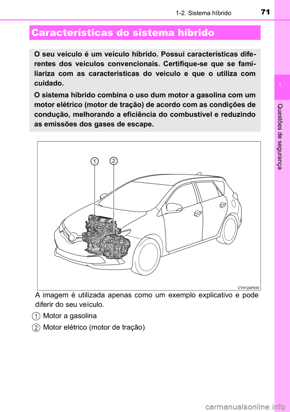 TOYOTA AURIS HYBRID 2017  Manual de utilização (in Portuguese) 71
�
�4�X�H�V�W�}�H�V��G�H��V�H�J�X�U�D�Q�o�D
������6�L�V�W�H�P�D��K�t�E�U�L�G�R
�$� �L�P�D�J�H�P� �p� �X�W�L�O�L�]�D�G�D� �D�S�H�Q�D�V� �F�R�P�R� �X�P� �H�[�H�P�S�O�R� �H�[�S�O�L�F�D