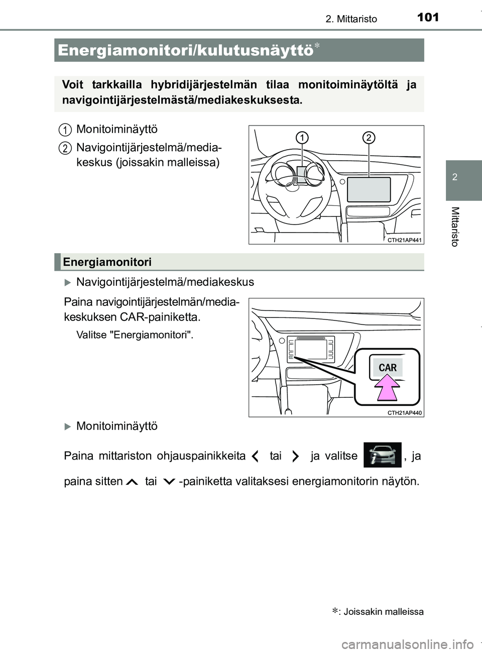 TOYOTA AURIS HYBRID 2017  Omistajan Käsikirja (in Finnish) 1012. Mittaristo
OM12L07FI
2
Mittaristo
Monitoiminäyttö
Navigointijärjestelmä/media-
keskus (joissakin malleissa)
Navigointijärjestelmä/mediakeskus
Paina navigointijärjestelmän/media-
kesku