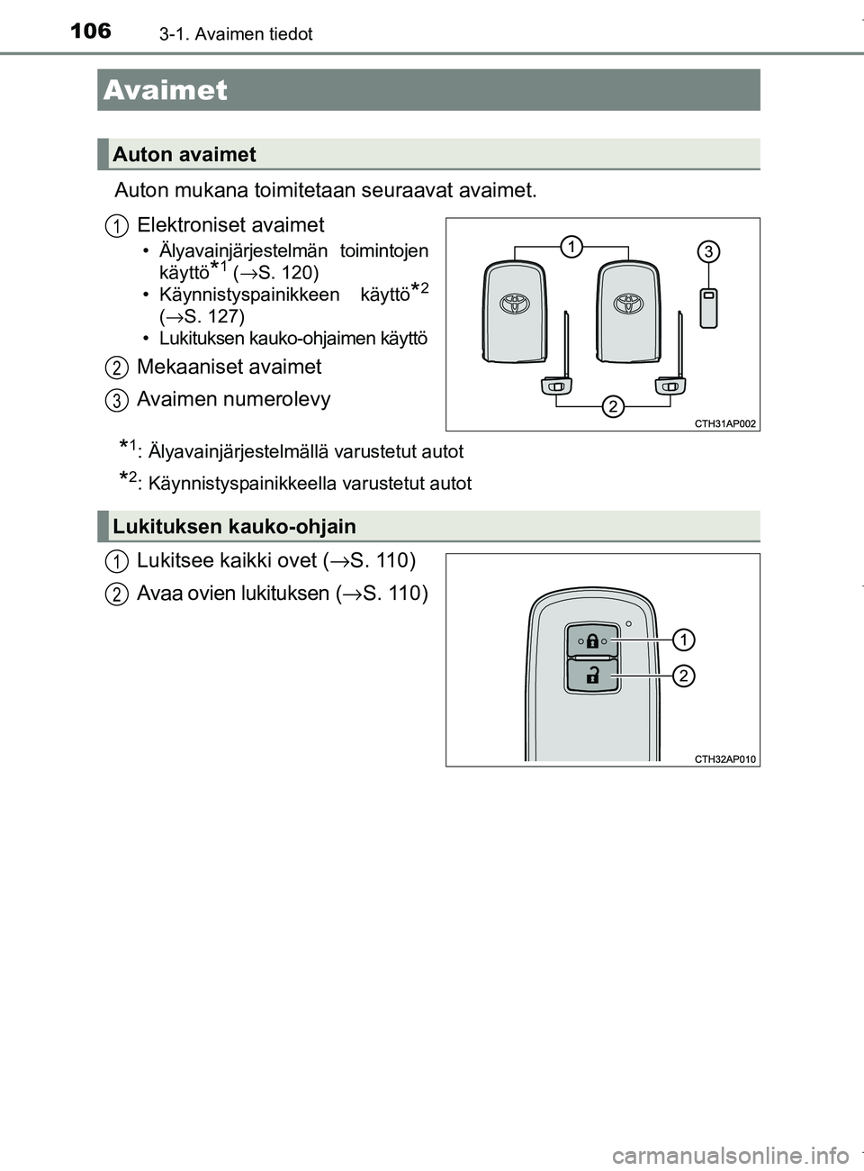 TOYOTA AURIS HYBRID 2017  Omistajan Käsikirja (in Finnish) 106
OM12L07FI
3-1. Avaimen tiedot
Auton mukana toimitetaan seuraavat avaimet.
Elektroniset avaimet
• Älyavainjärjestelmän toimintojen käyttö
*1 (→S. 120)
• Käynnistyspainikkeen käyttö
*2