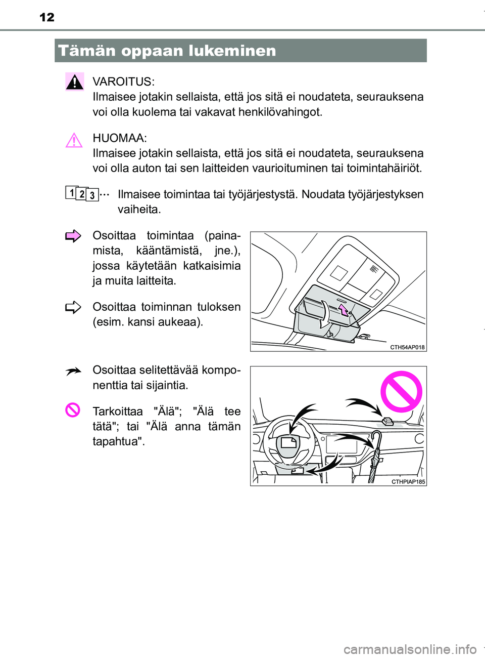 TOYOTA AURIS HYBRID 2017 Omistajan Käsikirja (in Finnish) 12
OM12L07FI
VAROITUS:
Ilmaisee jotakin sellaista, että jos sitä ei noudateta, seurauksena
voi olla kuolema tai vakavat henkilövahingot.
HUOMAA:
Ilmaisee jotakin sellaista, että jos sitä ei nou TOYOTA AURIS HYBRID 2017 Omistajan Käsikirja (in Finnish) 12
OM12L07FI
VAROITUS:
Ilmaisee jotakin sellaista, että jos sitä ei noudateta, seurauksena
voi olla kuolema tai vakavat henkilövahingot.
HUOMAA:
Ilmaisee jotakin sellaista, että jos sitä ei nou