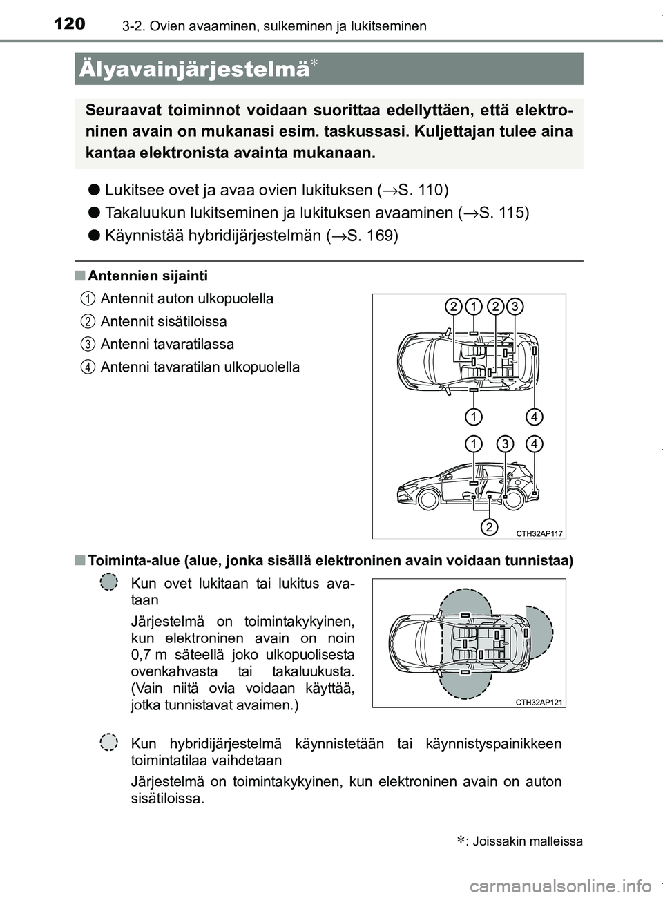 TOYOTA AURIS HYBRID 2017  Omistajan Käsikirja (in Finnish) 1203-2. Ovien avaaminen, sulkeminen ja lukitseminen
OM12L07FI
lLukitsee ovet ja avaa ovien lukituksen ( →S. 110)
l Takaluukun lukitseminen ja lukituksen avaaminen ( →S. 115)
l Käynnistää hybrid