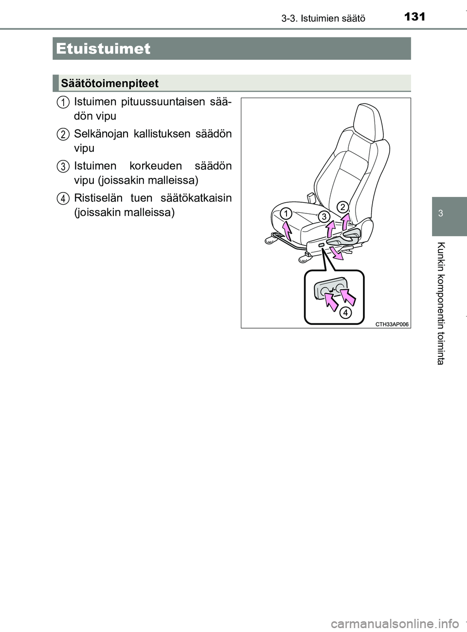 TOYOTA AURIS HYBRID 2017 Omistajan Käsikirja (in Finnish) 131
OM12L07FI
3
Kunkin komponentin toiminta
3-3. Istuimien säätö
Istuimen pituussuuntaisen sää-
dön vipu
Selkänojan kallistuksen säädön
vipu
Istuimen korkeuden säädön
vipu (joissakin mall TOYOTA AURIS HYBRID 2017 Omistajan Käsikirja (in Finnish) 131
OM12L07FI
3
Kunkin komponentin toiminta
3-3. Istuimien säätö
Istuimen pituussuuntaisen sää-
dön vipu
Selkänojan kallistuksen säädön
vipu
Istuimen korkeuden säädön
vipu (joissakin mall