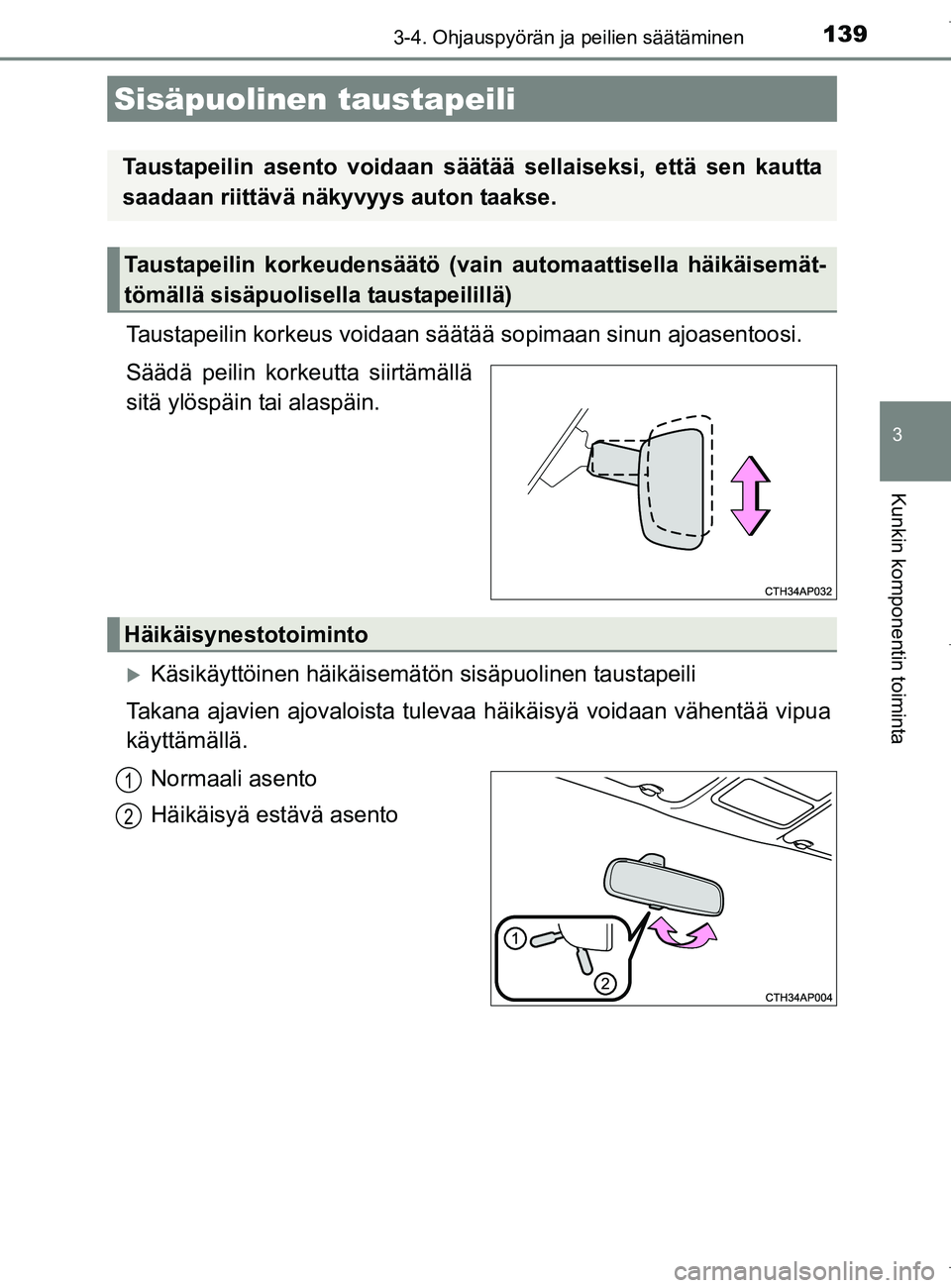 TOYOTA AURIS HYBRID 2017 Omistajan Käsikirja (in Finnish) 1393-4. Ohjauspyörän ja peilien säätäminen
OM12L07FI
3
Kunkin komponentin toiminta
Taustapeilin korkeus voidaan säätää sopimaan sinun ajoasentoosi.
Säädä peilin korkeutta siirtämällä
si TOYOTA AURIS HYBRID 2017 Omistajan Käsikirja (in Finnish) 1393-4. Ohjauspyörän ja peilien säätäminen
OM12L07FI
3
Kunkin komponentin toiminta
Taustapeilin korkeus voidaan säätää sopimaan sinun ajoasentoosi.
Säädä peilin korkeutta siirtämällä
si