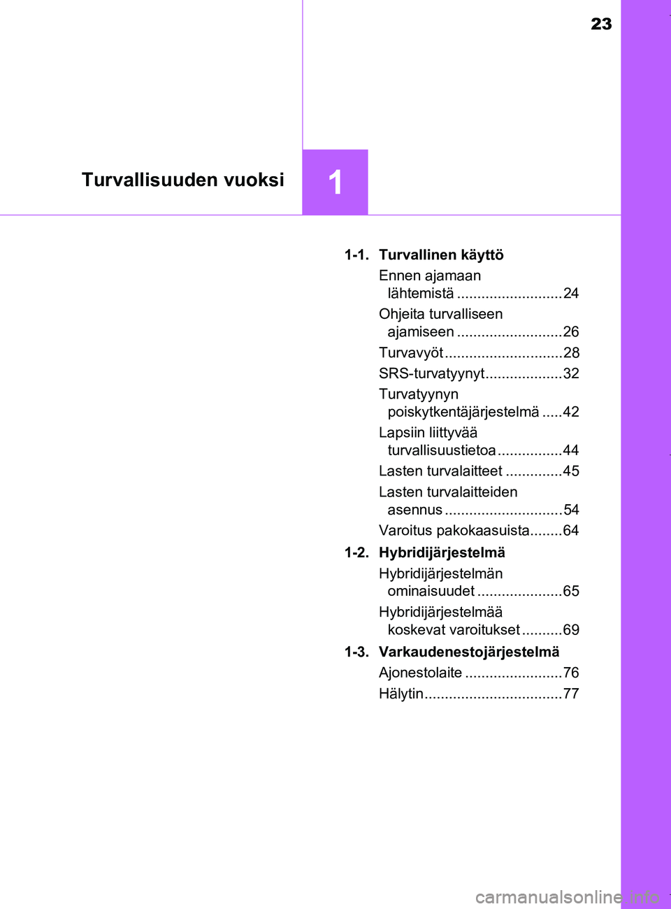 TOYOTA AURIS HYBRID 2017  Omistajan Käsikirja (in Finnish) 23
1Turvallisuuden vuoksi
OM12L07FI1-1. Turvallinen käyttö
Ennen ajamaan lähtemistä .......................... 24
Ohjeita turvalliseen  ajamiseen .......................... 26
Turvavyöt .........