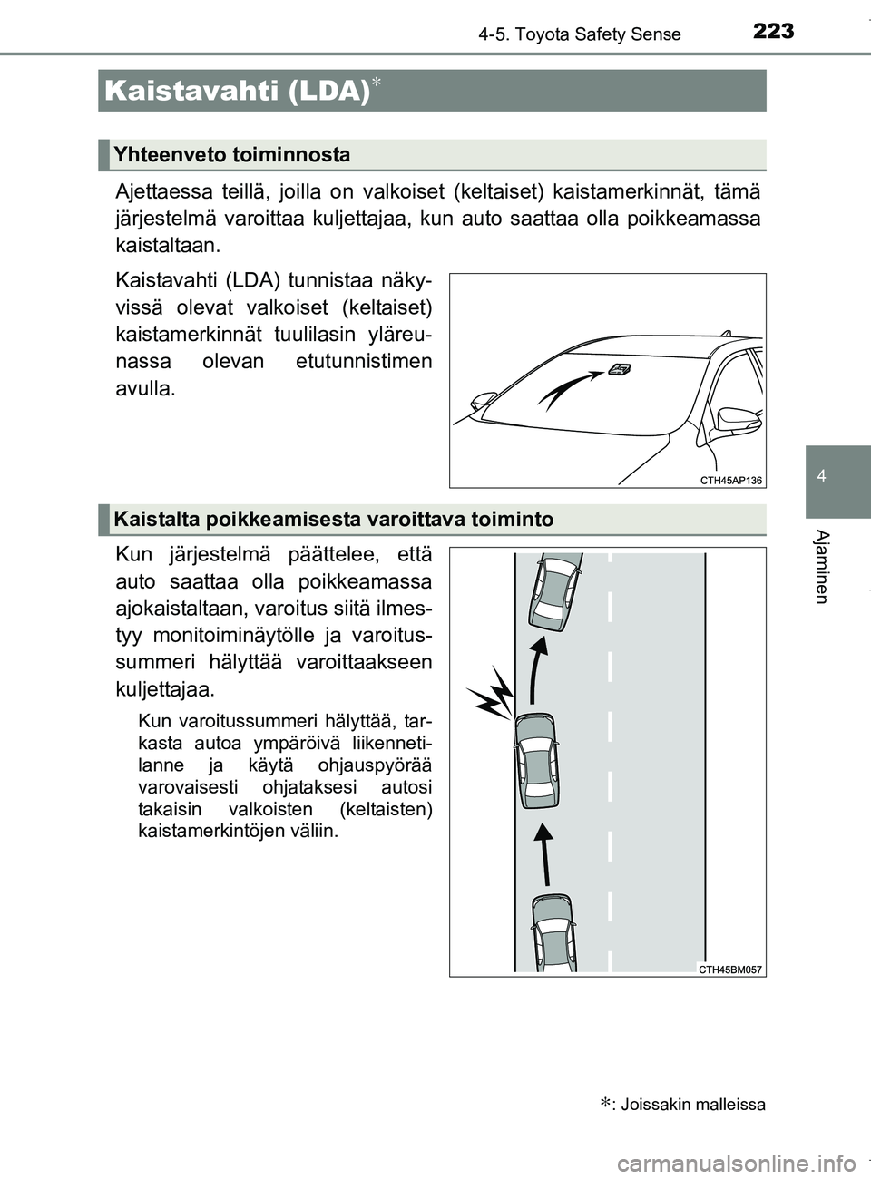 TOYOTA AURIS HYBRID 2017 Omistajan Käsikirja (in Finnish) 2234-5. Toyota Safety Sense
OM12L07FI
4
Ajaminen
Ajettaessa teillä, joilla on valkoiset (keltaiset) kaistamerkinnät, tämä
järjestelmä varoittaa kuljettajaa, kun auto saattaa olla poikkeamassa
k TOYOTA AURIS HYBRID 2017 Omistajan Käsikirja (in Finnish) 2234-5. Toyota Safety Sense
OM12L07FI
4
Ajaminen
Ajettaessa teillä, joilla on valkoiset (keltaiset) kaistamerkinnät, tämä
järjestelmä varoittaa kuljettajaa, kun auto saattaa olla poikkeamassa
k