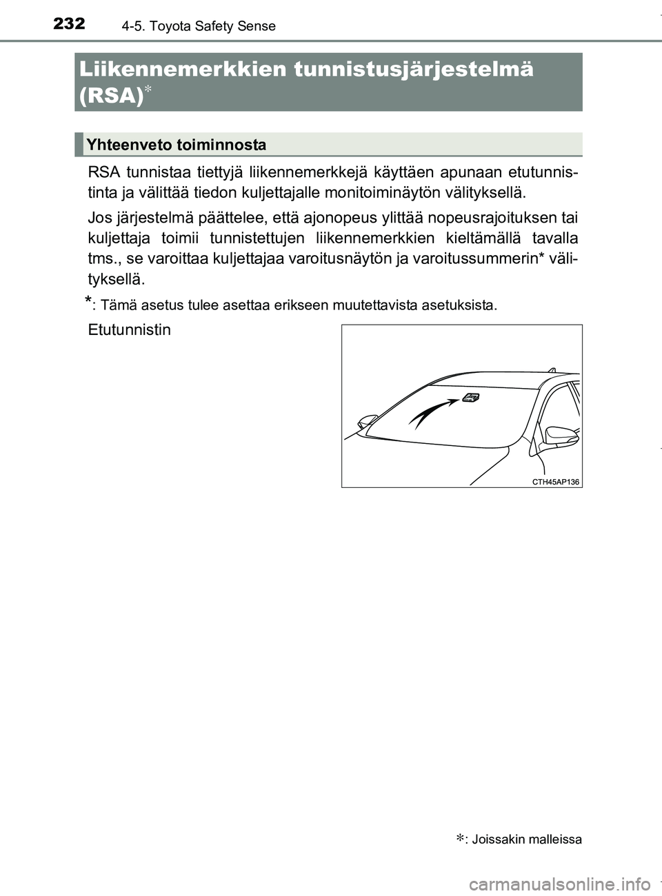 TOYOTA AURIS HYBRID 2017 Omistajan Käsikirja (in Finnish) 2324-5. Toyota Safety Sense
OM12L07FI
RSA tunnistaa tiettyjä liikennemerkkejä käyttäen apunaan etutunnis-
tinta ja välittää tiedon kuljettajalle monitoiminäytön välityksellä.
Jos järjestel TOYOTA AURIS HYBRID 2017 Omistajan Käsikirja (in Finnish) 2324-5. Toyota Safety Sense
OM12L07FI
RSA tunnistaa tiettyjä liikennemerkkejä käyttäen apunaan etutunnis-
tinta ja välittää tiedon kuljettajalle monitoiminäytön välityksellä.
Jos järjestel