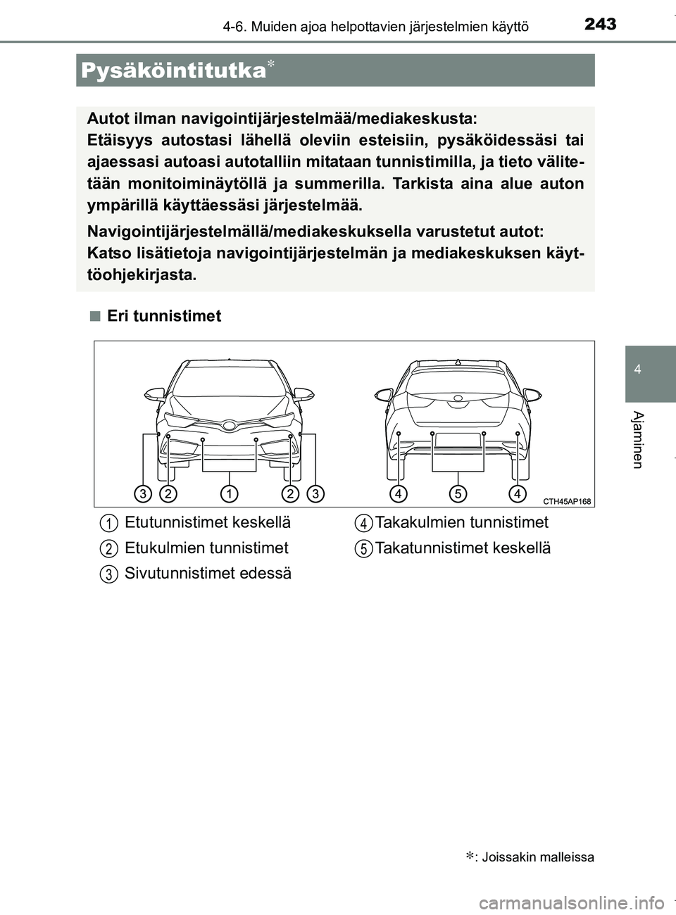 TOYOTA AURIS HYBRID 2017  Omistajan Käsikirja (in Finnish) 2434-6. Muiden ajoa helpottavien järjestelmien käyttö
OM12L07FI
4
Ajaminen
nEri tunnistimet
Pysäköintitutka∗
∗: Joissakin malleissa
Autot ilman navigointijärjestelmää/mediakeskusta: 
Etäi