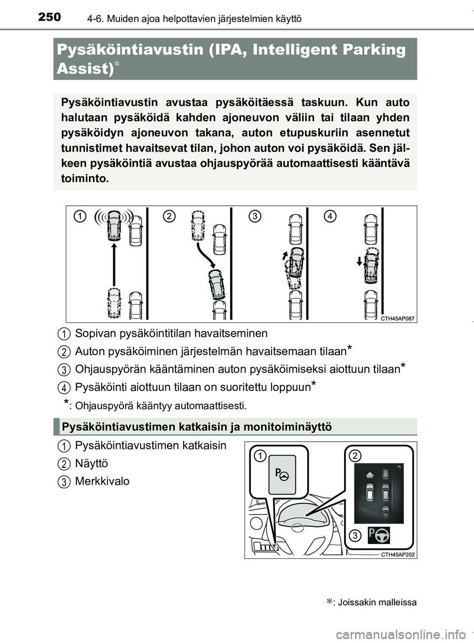 TOYOTA AURIS HYBRID 2017  Omistajan Käsikirja (in Finnish) 2504-6. Muiden ajoa helpottavien järjestelmien käyttö
OM12L07FI
Pysäköintiavustimen katkaisin
Näyttö
Merkkivalo
Pysäköintiavustin (IPA, Intelligent Parking 
Assist)
∗
∗: Joissakin malleis