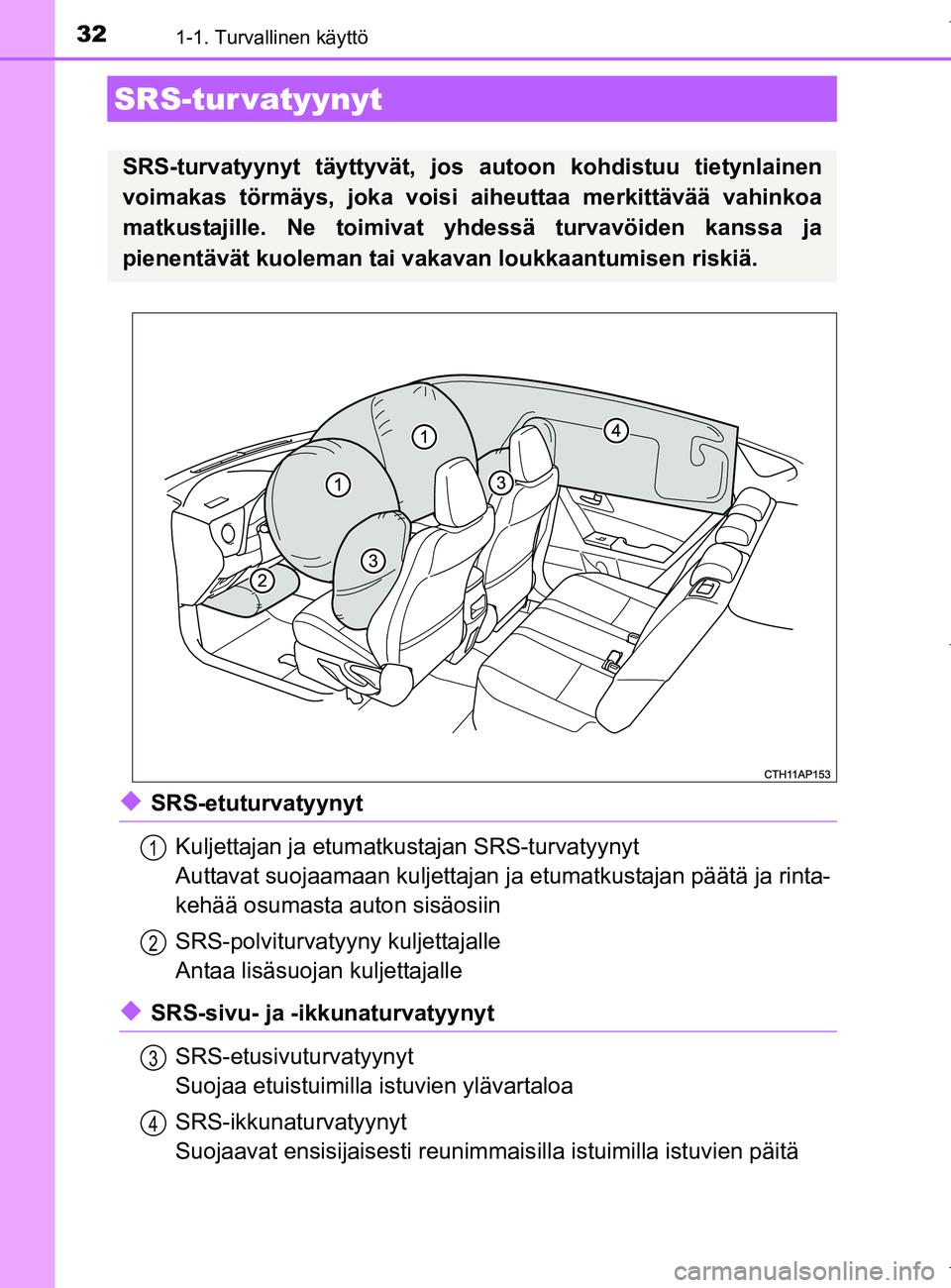 TOYOTA AURIS HYBRID 2017  Omistajan Käsikirja (in Finnish) 321-1. Turvallinen käyttö
OM12L07FI
uSRS-etuturvatyynytKuljettajan ja etumatkustajan SRS-turvatyynyt
Auttavat suojaamaan kuljettajan ja  etumatkustajan päätä ja rinta-
kehää osumasta auton sis