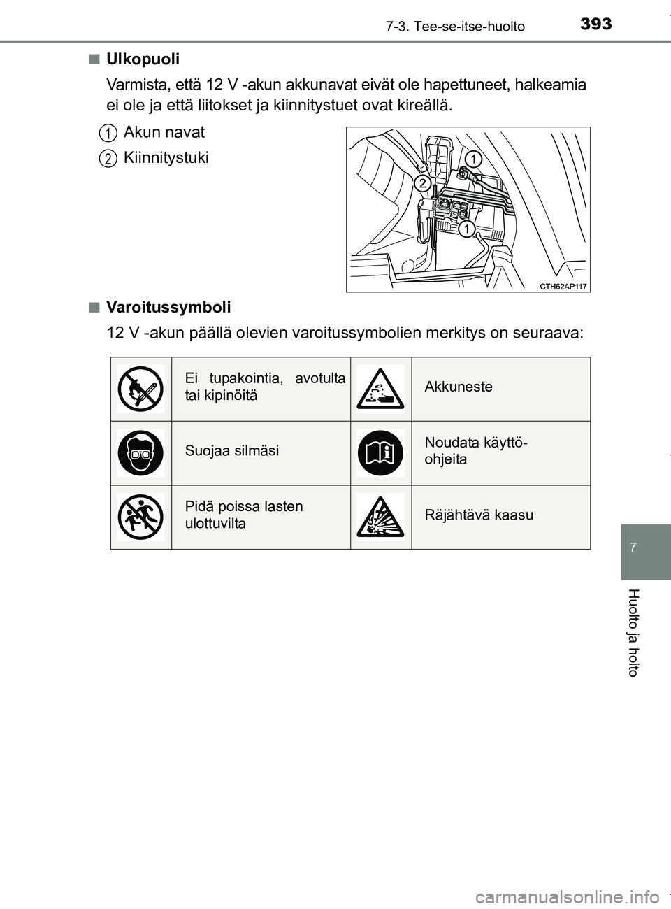 TOYOTA AURIS HYBRID 2017 Omistajan Käsikirja (in Finnish) 3937-3. Tee-se-itse-huolto
OM12L07FI
7
Huolto ja hoito
nUlkopuoli
Varmista, että 12 V -akun akkunavat eivät ole hapettuneet, halkeamia
ei ole ja että liitokset ja kiinnitystuet ovat kireällä.
Aku TOYOTA AURIS HYBRID 2017 Omistajan Käsikirja (in Finnish) 3937-3. Tee-se-itse-huolto
OM12L07FI
7
Huolto ja hoito
nUlkopuoli
Varmista, että 12 V -akun akkunavat eivät ole hapettuneet, halkeamia
ei ole ja että liitokset ja kiinnitystuet ovat kireällä.
Aku