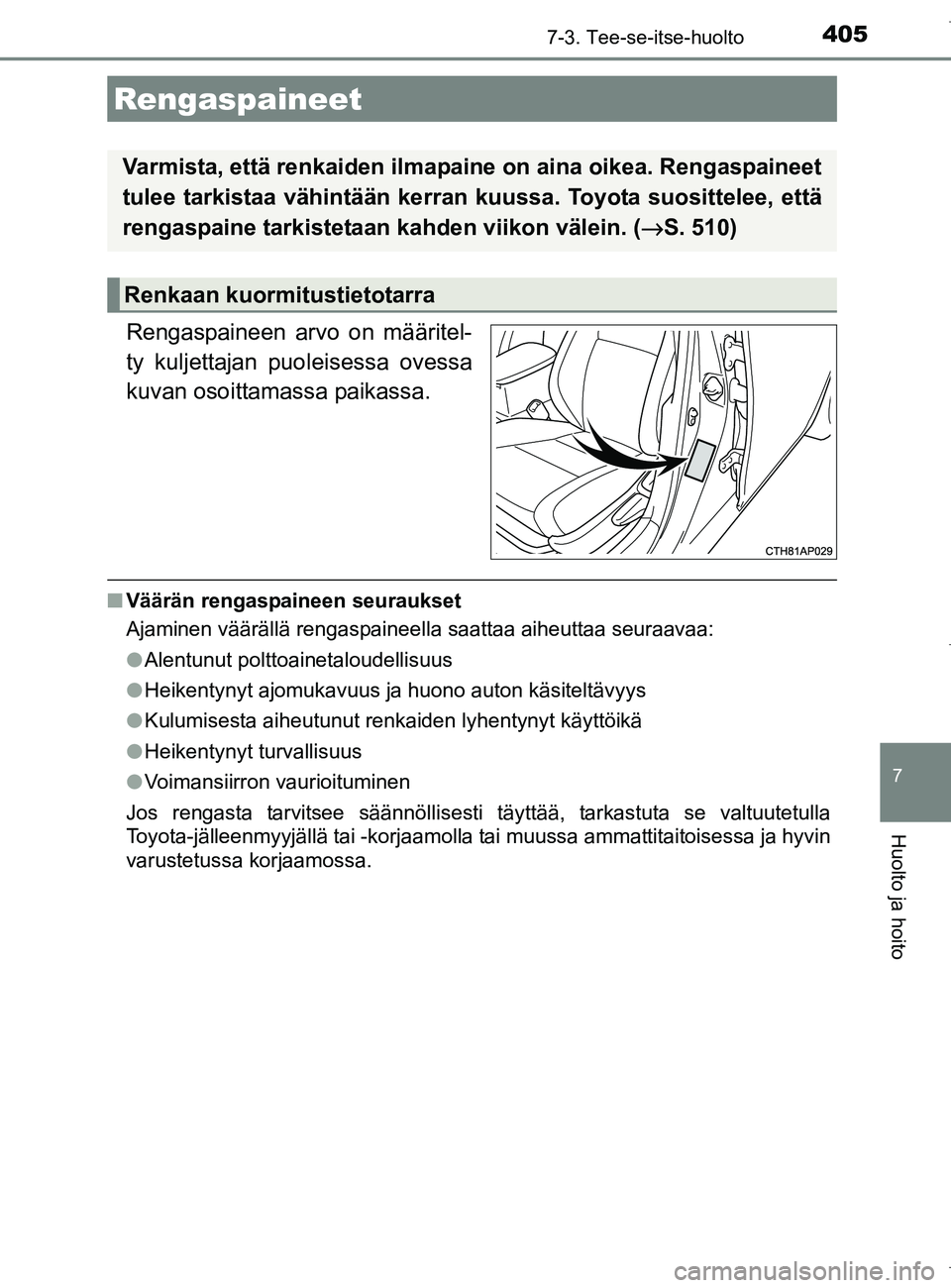 TOYOTA AURIS HYBRID 2017 Omistajan Käsikirja (in Finnish) 4057-3. Tee-se-itse-huolto
OM12L07FI
7
Huolto ja hoito
Rengaspaineen arvo on määritel-
ty kuljettajan puoleisessa ovessa
kuvan osoittamassa paikassa.
nVäärän rengaspaineen seuraukset
Ajaminen vä TOYOTA AURIS HYBRID 2017 Omistajan Käsikirja (in Finnish) 4057-3. Tee-se-itse-huolto
OM12L07FI
7
Huolto ja hoito
Rengaspaineen arvo on määritel-
ty kuljettajan puoleisessa ovessa
kuvan osoittamassa paikassa.
nVäärän rengaspaineen seuraukset
Ajaminen vä