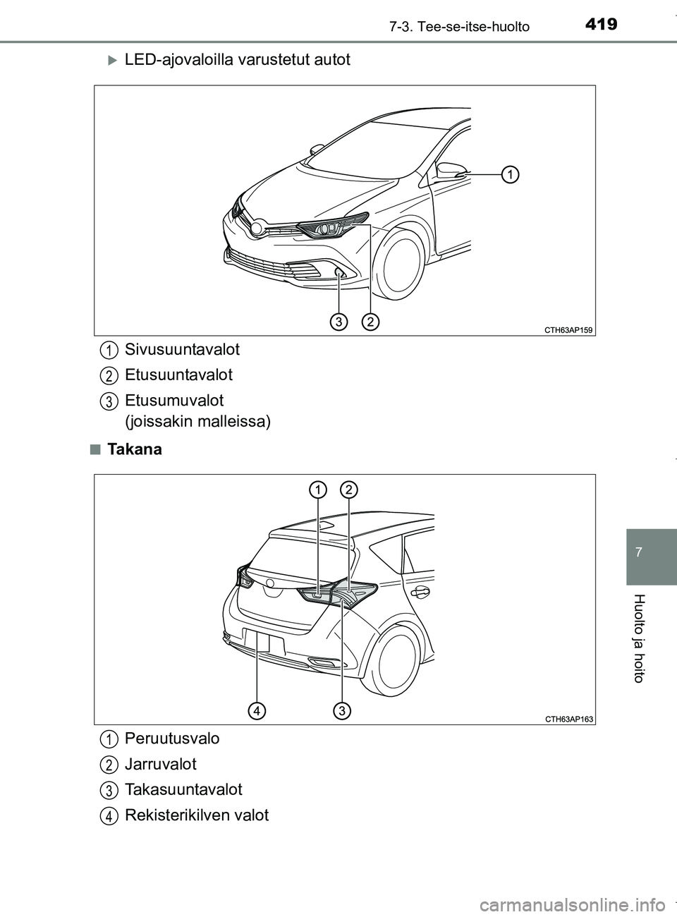 TOYOTA AURIS HYBRID 2017  Omistajan Käsikirja (in Finnish) 4197-3. Tee-se-itse-huolto
OM12L07FI
7
Huolto ja hoito
LED-ajovaloilla varustetut autot
nTa k a n a
Sivusuuntavalot
Etusuuntavalot
Etusumuvalot 
(joissakin malleissa)1
2
3
Peruutusvalo
Jarruvalot
T
