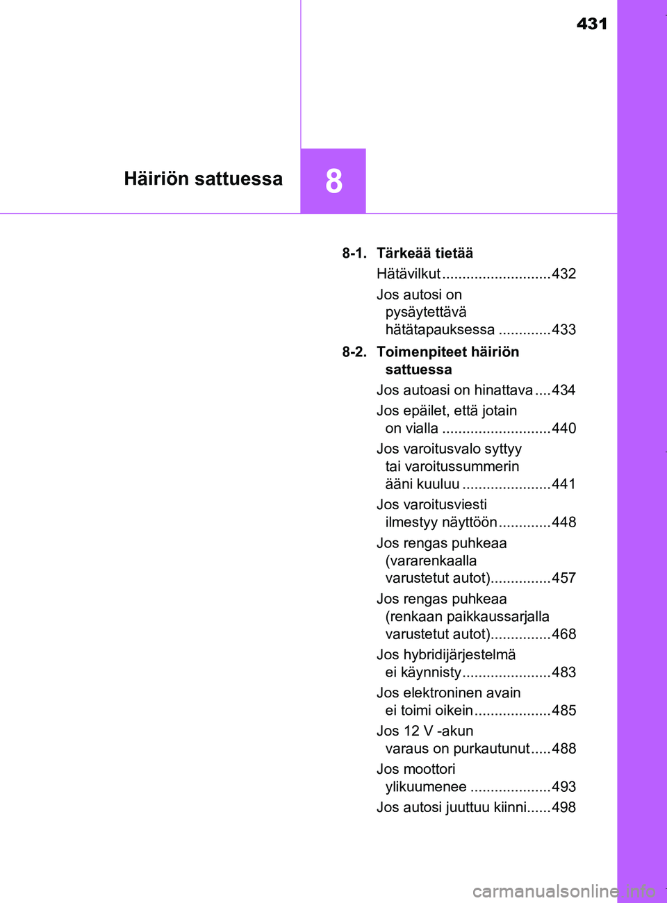 TOYOTA AURIS HYBRID 2017 Omistajan Käsikirja (in Finnish) 431
8Häiriön sattuessa
OM12L07FI8-1. Tärkeää tietää
Hätävilkut ........................... 432
Jos autosi on pysäytettävä
hätätapauksessa ............. 433
8-2. Toimenpiteet häiriön TOYOTA AURIS HYBRID 2017 Omistajan Käsikirja (in Finnish) 431
8Häiriön sattuessa
OM12L07FI8-1. Tärkeää tietää
Hätävilkut ........................... 432
Jos autosi on pysäytettävä
hätätapauksessa ............. 433
8-2. Toimenpiteet häiriön