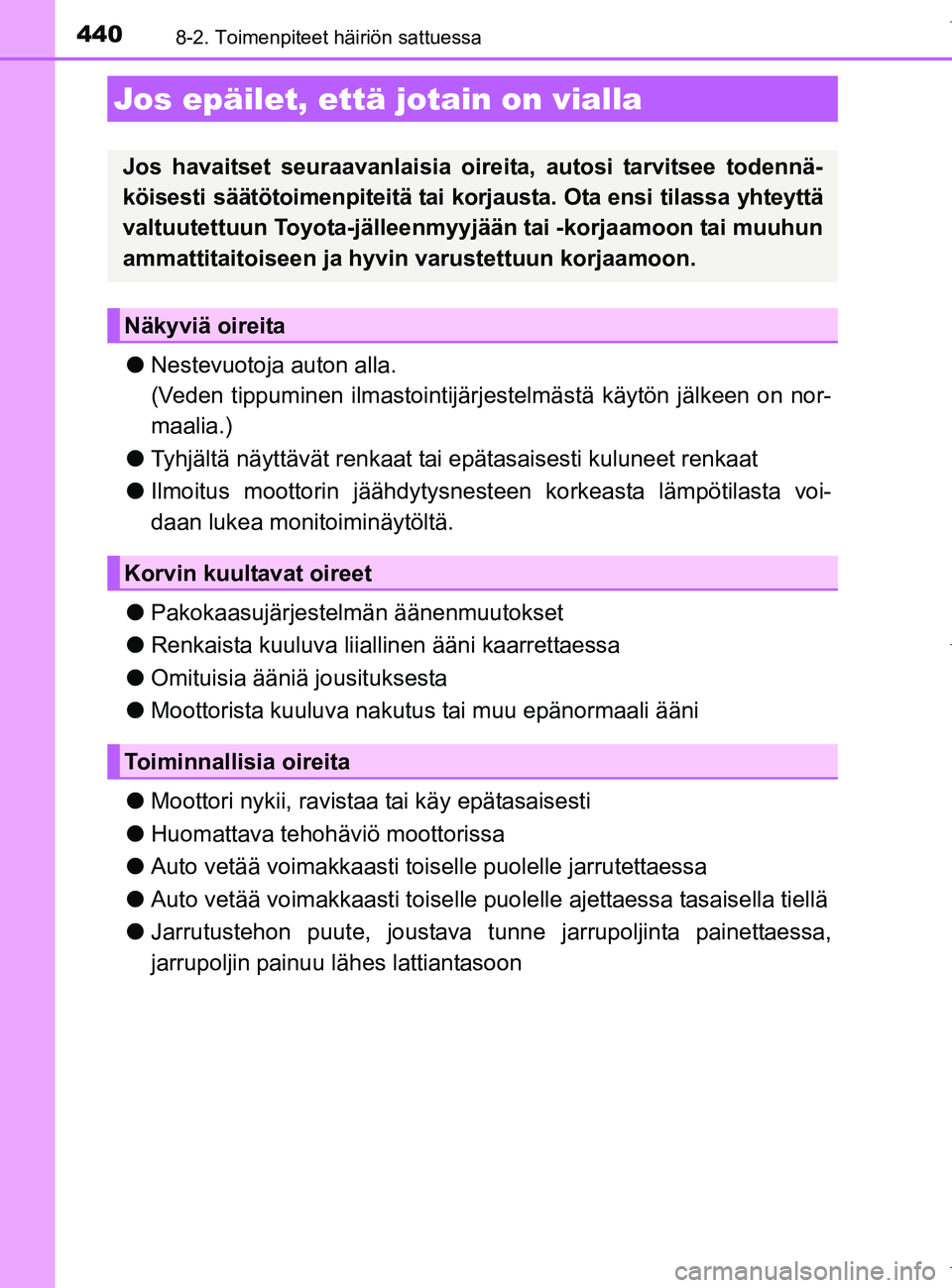 TOYOTA AURIS HYBRID 2017 Omistajan Käsikirja (in Finnish) 4408-2. Toimenpiteet häiriön sattuessa
OM12L07FI
lNestevuotoja auton alla.
(Veden tippuminen ilmastointijärj estelmästä käytön jälkeen on nor-
maalia.)
l Tyhjältä näyttävät renkaat ta i e TOYOTA AURIS HYBRID 2017 Omistajan Käsikirja (in Finnish) 4408-2. Toimenpiteet häiriön sattuessa
OM12L07FI
lNestevuotoja auton alla.
(Veden tippuminen ilmastointijärj estelmästä käytön jälkeen on nor-
maalia.)
l Tyhjältä näyttävät renkaat ta i e
