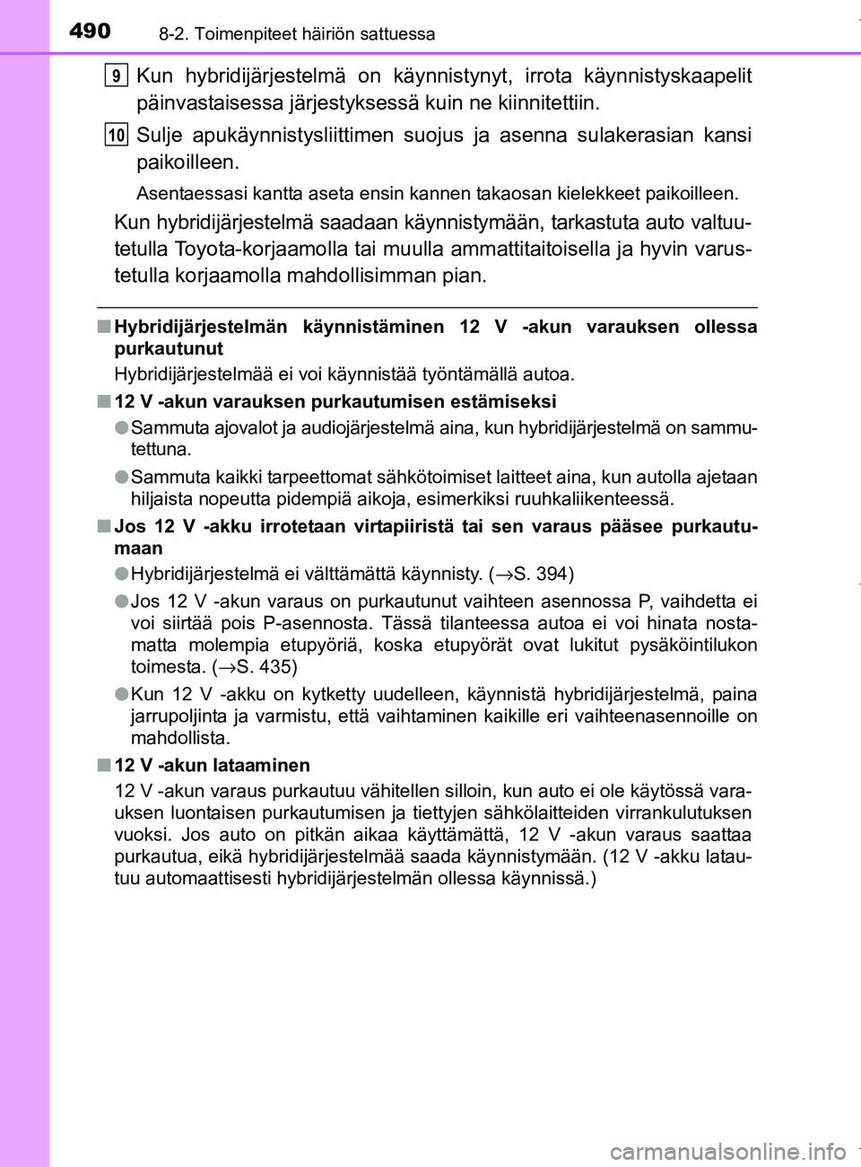 TOYOTA AURIS HYBRID 2017 Omistajan Käsikirja (in Finnish) 4908-2. Toimenpiteet häiriön sattuessa
OM12L07FI
Kun hybridijärjestelmä on käynnistynyt, irrota käynnistyskaapelit
päinvastaisessa järjestykses sä kuin ne kiinnitettiin.
Sulje apukäynnistysl TOYOTA AURIS HYBRID 2017 Omistajan Käsikirja (in Finnish) 4908-2. Toimenpiteet häiriön sattuessa
OM12L07FI
Kun hybridijärjestelmä on käynnistynyt, irrota käynnistyskaapelit
päinvastaisessa järjestykses sä kuin ne kiinnitettiin.
Sulje apukäynnistysl