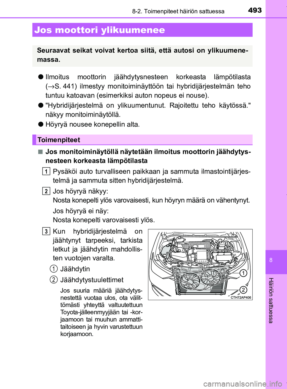 TOYOTA AURIS HYBRID 2017 Omistajan Käsikirja (in Finnish) 4938-2. Toimenpiteet häiriön sattuessa
OM12L07FI
8
Häiriön sattuessa
lIlmoitus moottorin jäähdytysn esteen korkeasta lämpötilasta
( → S. 441) ilmestyy monitoiminäyttöön tai hybridijärjes TOYOTA AURIS HYBRID 2017 Omistajan Käsikirja (in Finnish) 4938-2. Toimenpiteet häiriön sattuessa
OM12L07FI
8
Häiriön sattuessa
lIlmoitus moottorin jäähdytysn esteen korkeasta lämpötilasta
( → S. 441) ilmestyy monitoiminäyttöön tai hybridijärjes