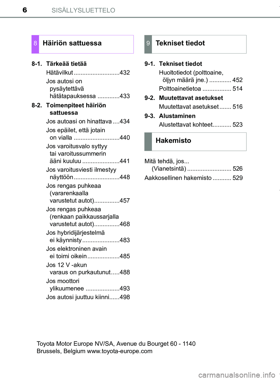 TOYOTA AURIS HYBRID 2017  Omistajan Käsikirja (in Finnish) SISÄLLYSLUETTELO6
OM12L07FI8-1. Tärkeää tietää
Hätävilkut ...........................432
Jos autosi on pysäytettävä 
hätätapauksessa .............433
8-2. Toimenpiteet häiriön  sattuess