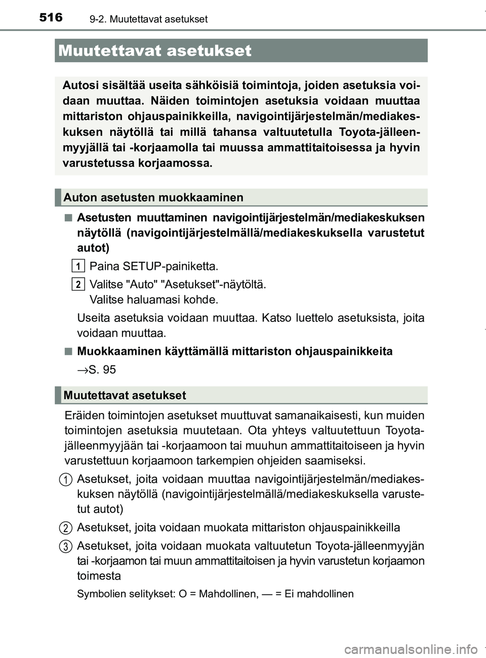 TOYOTA AURIS HYBRID 2017 Omistajan Käsikirja (in Finnish) 516
OM12L07FI
9-2. Muutettavat asetukset
nAsetusten muuttaminen navigointijärjestelmän/mediakeskuksen
näytöllä (navigointijärjestelmällä/mediakeskuksella varustetut
autot)
Paina SETUP-painiket TOYOTA AURIS HYBRID 2017 Omistajan Käsikirja (in Finnish) 516
OM12L07FI
9-2. Muutettavat asetukset
nAsetusten muuttaminen navigointijärjestelmän/mediakeskuksen
näytöllä (navigointijärjestelmällä/mediakeskuksella varustetut
autot)
Paina SETUP-painiket
