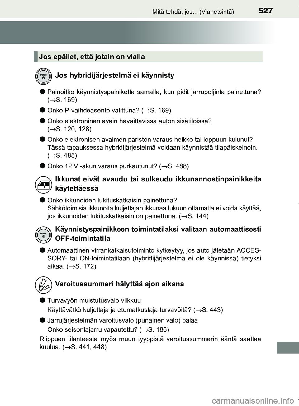 TOYOTA AURIS HYBRID 2017 Omistajan Käsikirja (in Finnish) 527Mitä tehdä, jos... (Vianetsintä)
OM12L07FI
lPainoitko käynnistyspainiketta samalla, kun pidit jarrupoljinta painettuna?
(→S. 169)
lOnko P-vaihdeasento valittuna? ( →S. 169)
lOnko elektronin TOYOTA AURIS HYBRID 2017 Omistajan Käsikirja (in Finnish) 527Mitä tehdä, jos... (Vianetsintä)
OM12L07FI
lPainoitko käynnistyspainiketta samalla, kun pidit jarrupoljinta painettuna?
(→S. 169)
lOnko P-vaihdeasento valittuna? ( →S. 169)
lOnko elektronin