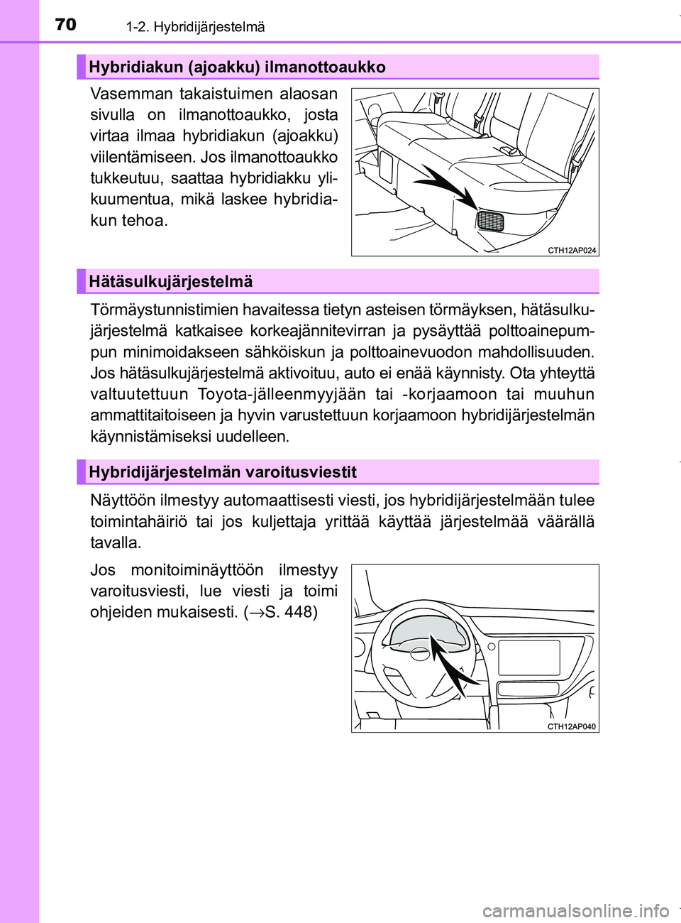 TOYOTA AURIS HYBRID 2017 Omistajan Käsikirja (in Finnish) 701-2. Hybridijärjestelmä
OM12L07FI
Vasemman takaistuimen alaosan
sivulla on ilmanottoaukko, josta
virtaa ilmaa hybridiakun (ajoakku) viilentämiseen. Jos ilmanottoaukko
tukkeutuu, saattaa hybridiak TOYOTA AURIS HYBRID 2017 Omistajan Käsikirja (in Finnish) 701-2. Hybridijärjestelmä
OM12L07FI
Vasemman takaistuimen alaosan
sivulla on ilmanottoaukko, josta
virtaa ilmaa hybridiakun (ajoakku) viilentämiseen. Jos ilmanottoaukko
tukkeutuu, saattaa hybridiak