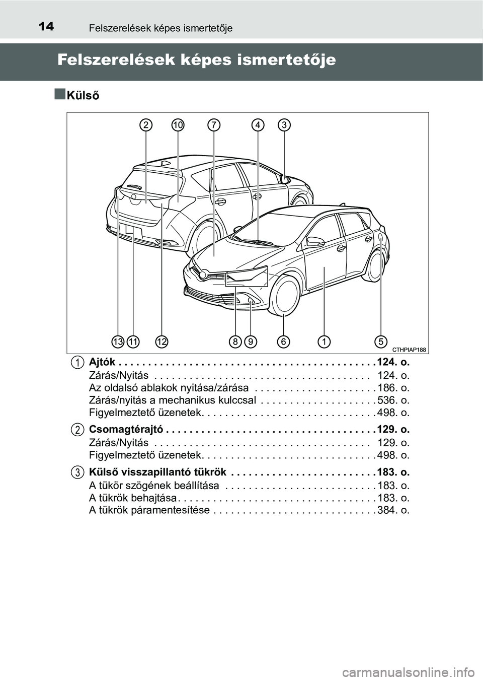 TOYOTA AURIS HYBRID 2016 Kezelési útmutató (in Hungarian) 14Felszerelések képes ismertetője
Felszerelések képes ismer tetője
Külső
Ajtók . . . . . . . . . . . . . . . . . . . . . . . . . . . . . . . . . . . . . . . . . . . . 124. o.
Zárás/Nyit TOYOTA AURIS HYBRID 2016 Kezelési útmutató (in Hungarian) 14Felszerelések képes ismertetője
Felszerelések képes ismer tetője
Külső
Ajtók . . . . . . . . . . . . . . . . . . . . . . . . . . . . . . . . . . . . . . . . . . . . 124. o.
Zárás/Nyit