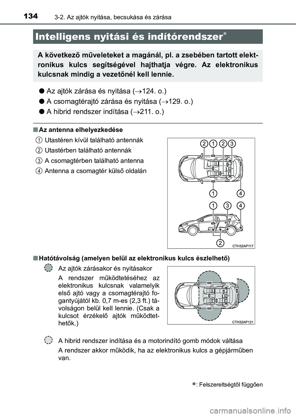 TOYOTA AURIS HYBRID 2016 Kezelési útmutató (in Hungarian) 1343-2. Az ajtók nyitása, becsukása és zárása
Az ajtók zárása és nyitása (124. o.)
A csomagtérajtó zárása és nyitása (129. o.)
A hibrid rendszer indítása (211. o.) TOYOTA AURIS HYBRID 2016 Kezelési útmutató (in Hungarian) 1343-2. Az ajtók nyitása, becsukása és zárása
Az ajtók zárása és nyitása (124. o.)
A csomagtérajtó zárása és nyitása (129. o.)
A hibrid rendszer indítása (211. o.)