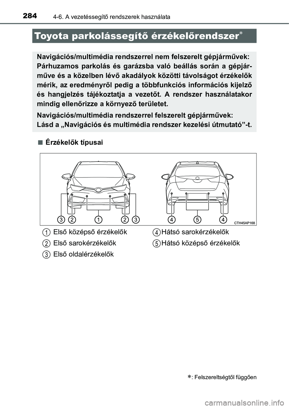 TOYOTA AURIS HYBRID 2016 Kezelési útmutató (in Hungarian) 2844-6. A vezetéssegítő rendszerek használata
Érzékelők típusai
Toyota parkolássegítő érzékelőrendszer
: Felszereltségtől függően
Navigációs/multimédia rendszerrel nem fe TOYOTA AURIS HYBRID 2016 Kezelési útmutató (in Hungarian) 2844-6. A vezetéssegítő rendszerek használata
Érzékelők típusai
Toyota parkolássegítő érzékelőrendszer
: Felszereltségtől függően
Navigációs/multimédia rendszerrel nem fe
