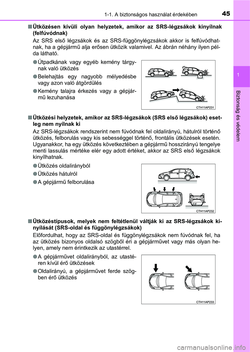 TOYOTA AURIS HYBRID 2016 Kezelési útmutató (in Hungarian) 451-1. A biztonságos használat érdekében
1
Biztonság és védelem
Ütközésen kívüli olyan helyzetek, amikor az SRS-légzsákok kinyílnak
(felfúvódnak)
Az SRS első légzsákok és az S TOYOTA AURIS HYBRID 2016 Kezelési útmutató (in Hungarian) 451-1. A biztonságos használat érdekében
1
Biztonság és védelem
Ütközésen kívüli olyan helyzetek, amikor az SRS-légzsákok kinyílnak
(felfúvódnak)
Az SRS első légzsákok és az S