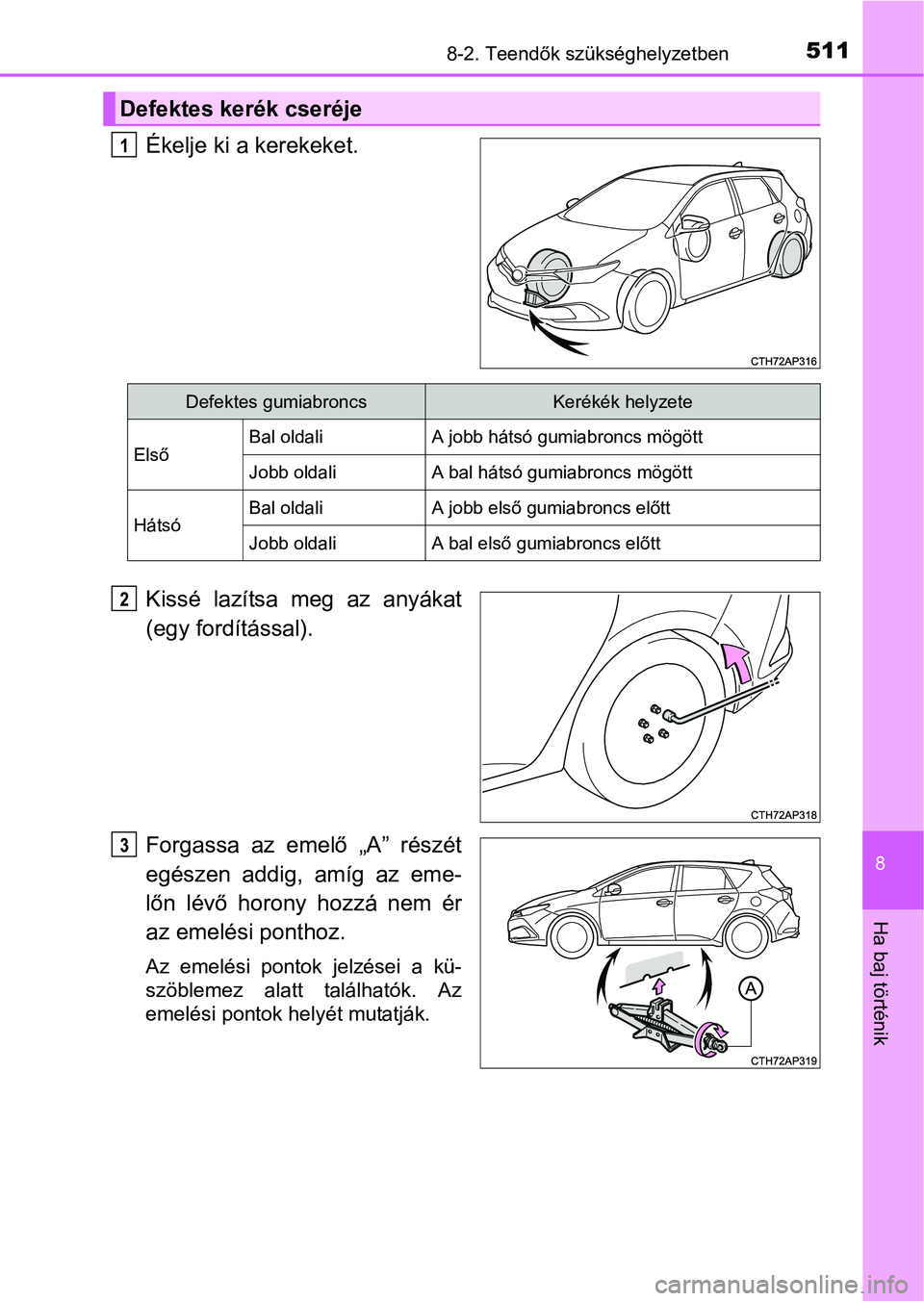 TOYOTA AURIS HYBRID 2016 Kezelési útmutató (in Hungarian) 5118-2. Teendők szükséghelyzetben
8
Ha baj történik
Ékelje ki a kerekeket.
Kissé lazítsa meg az anyákat
(egy fordítással).
Forgassa az emelő „A” részét
egészen addig, amíg az eme-
TOYOTA AURIS HYBRID 2016 Kezelési útmutató (in Hungarian) 5118-2. Teendők szükséghelyzetben
8
Ha baj történik
Ékelje ki a kerekeket.
Kissé lazítsa meg az anyákat
(egy fordítással).
Forgassa az emelő „A” részét
egészen addig, amíg az eme-